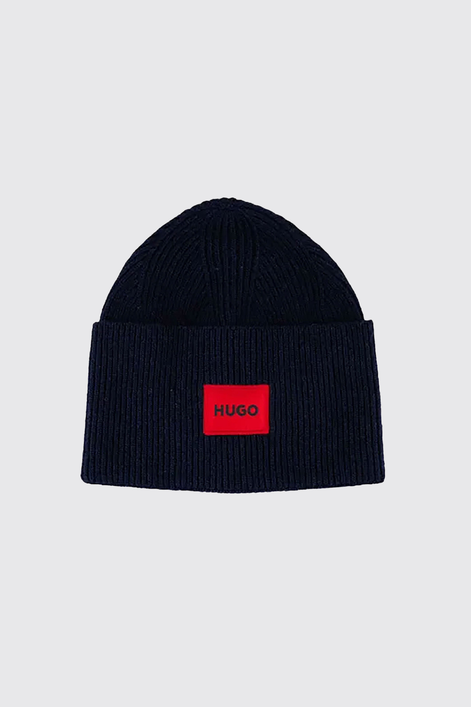 Hugo Boss πλεκτός ανδρικό σκούφος ribbed με logo patch - 50496011 Μπλε Σκούρο