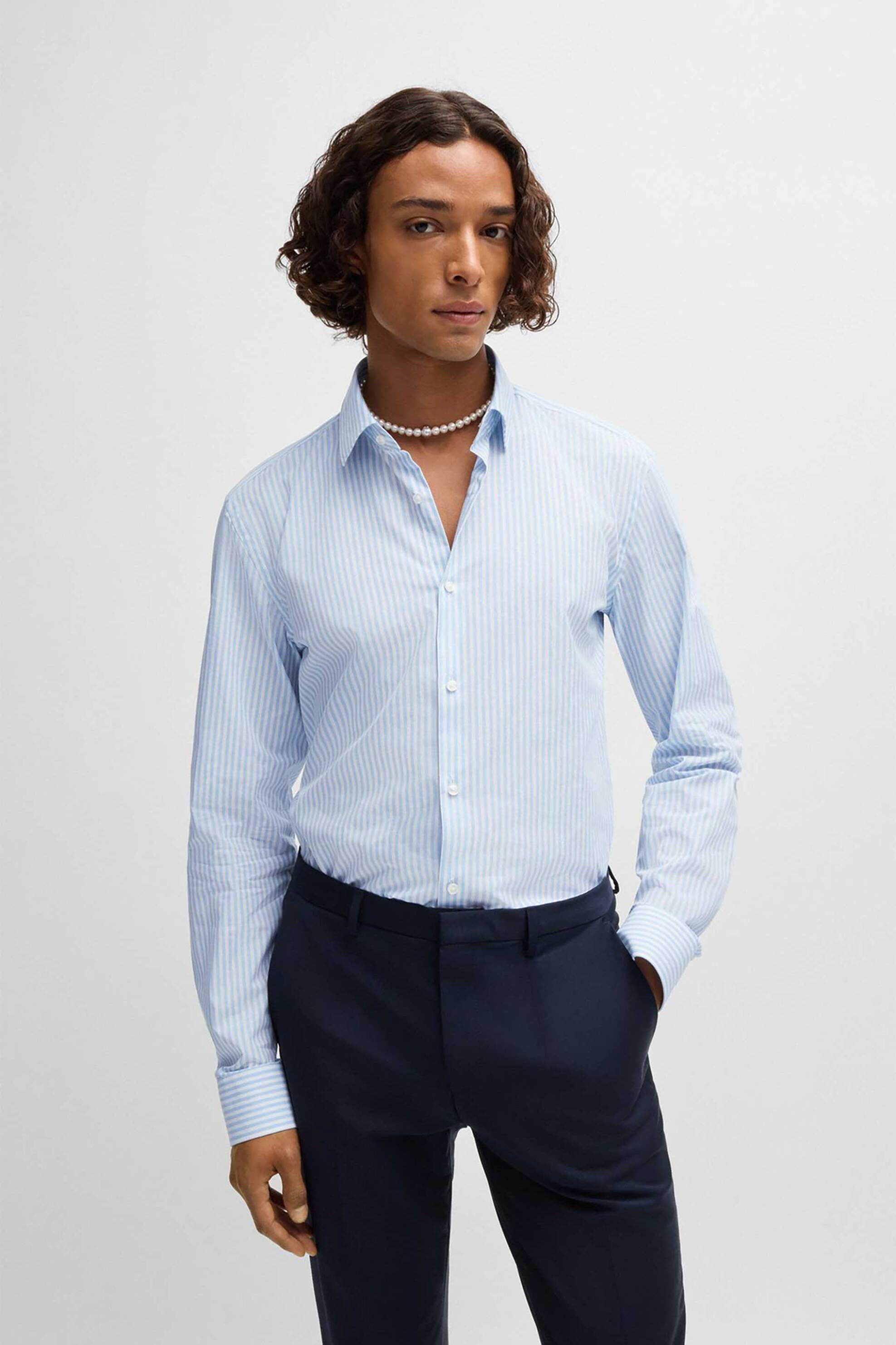 Hugo Boss ανδρικό πουκάμισο με ριγέ σχέδιο Slim Fit - 50520132 Σιελ
