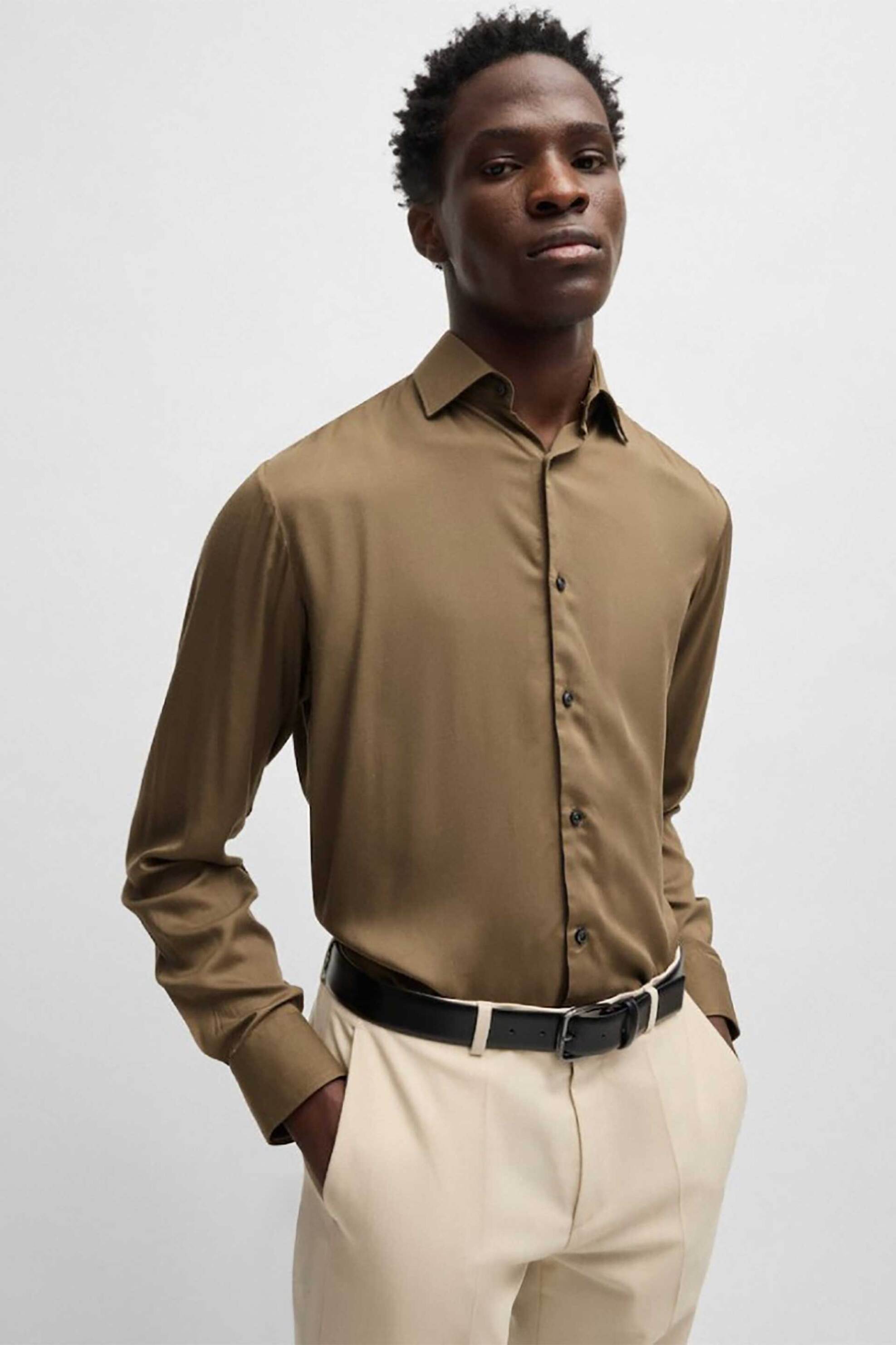 Hugo Boss ανδρικό πουκάμισο μονόχρωμο Slim Fit - 50539769 Καφέ Ανοιχτό