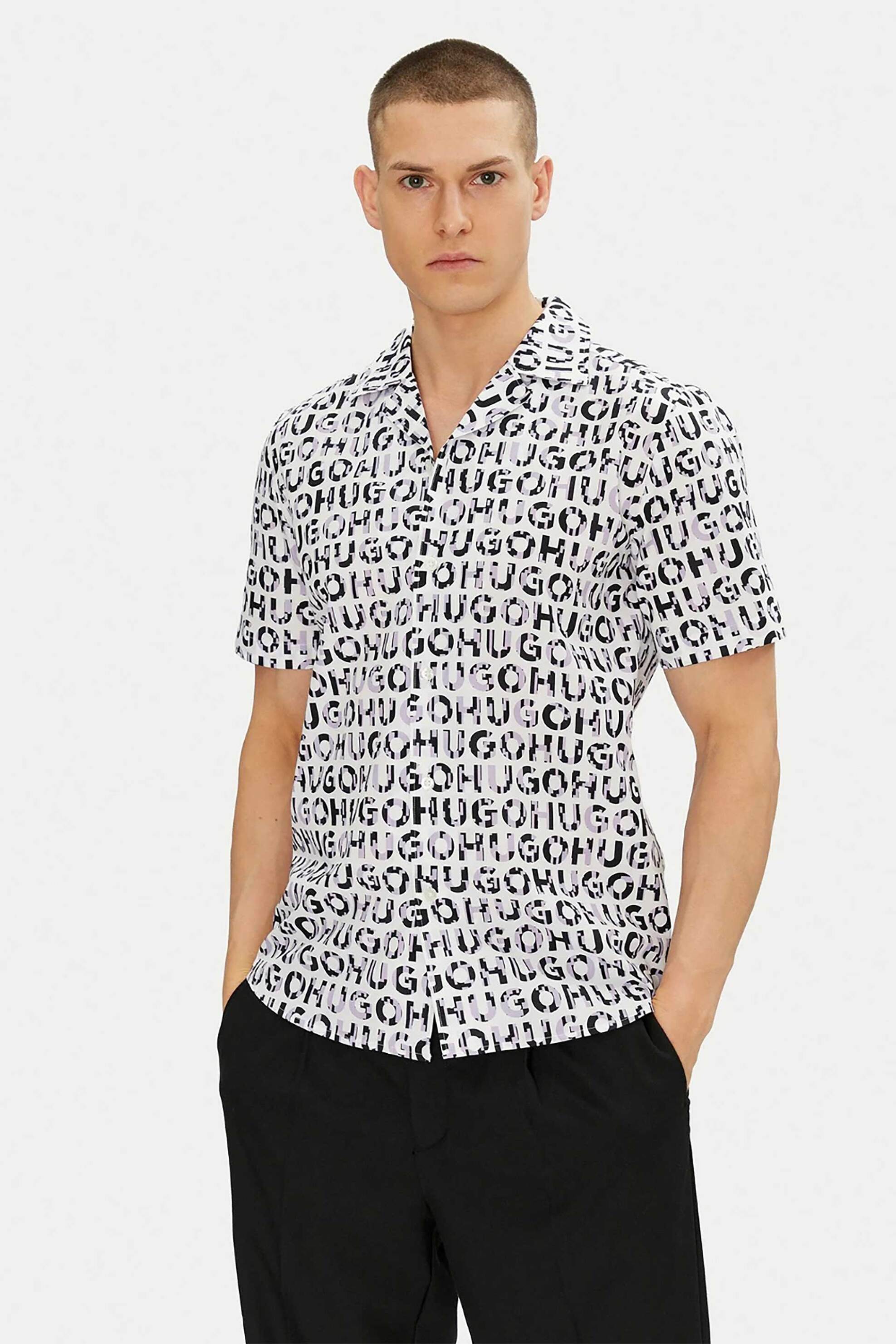 Hugo Boss ανδρικό πουκάμισο με all-over print - 50539328 Ασπρόμαυρο