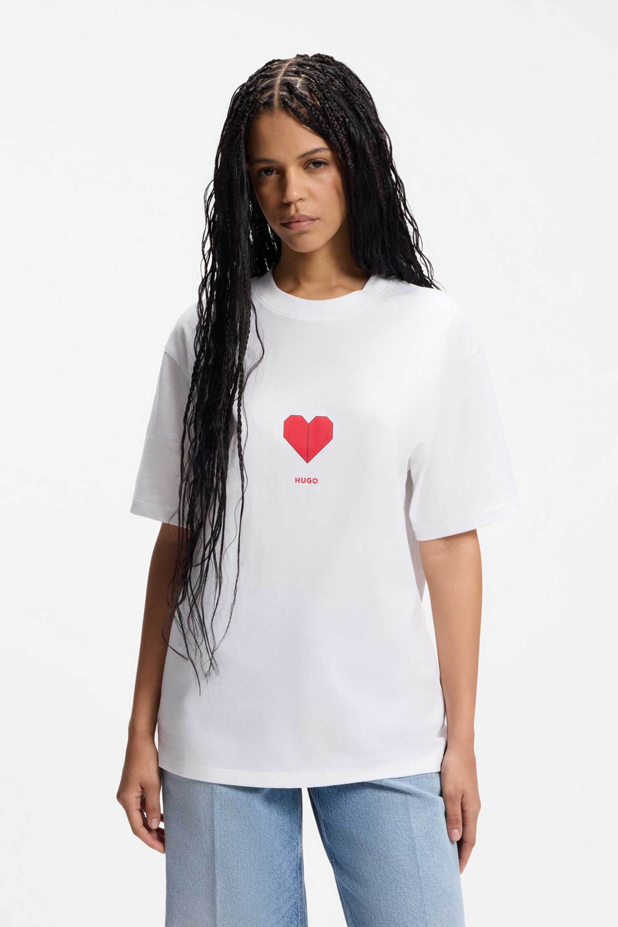 Hugo Boss Unisex T-Shirt με Print Origami Καρδιές Relaxed Fit Dalentin - 50553429 Λευκό