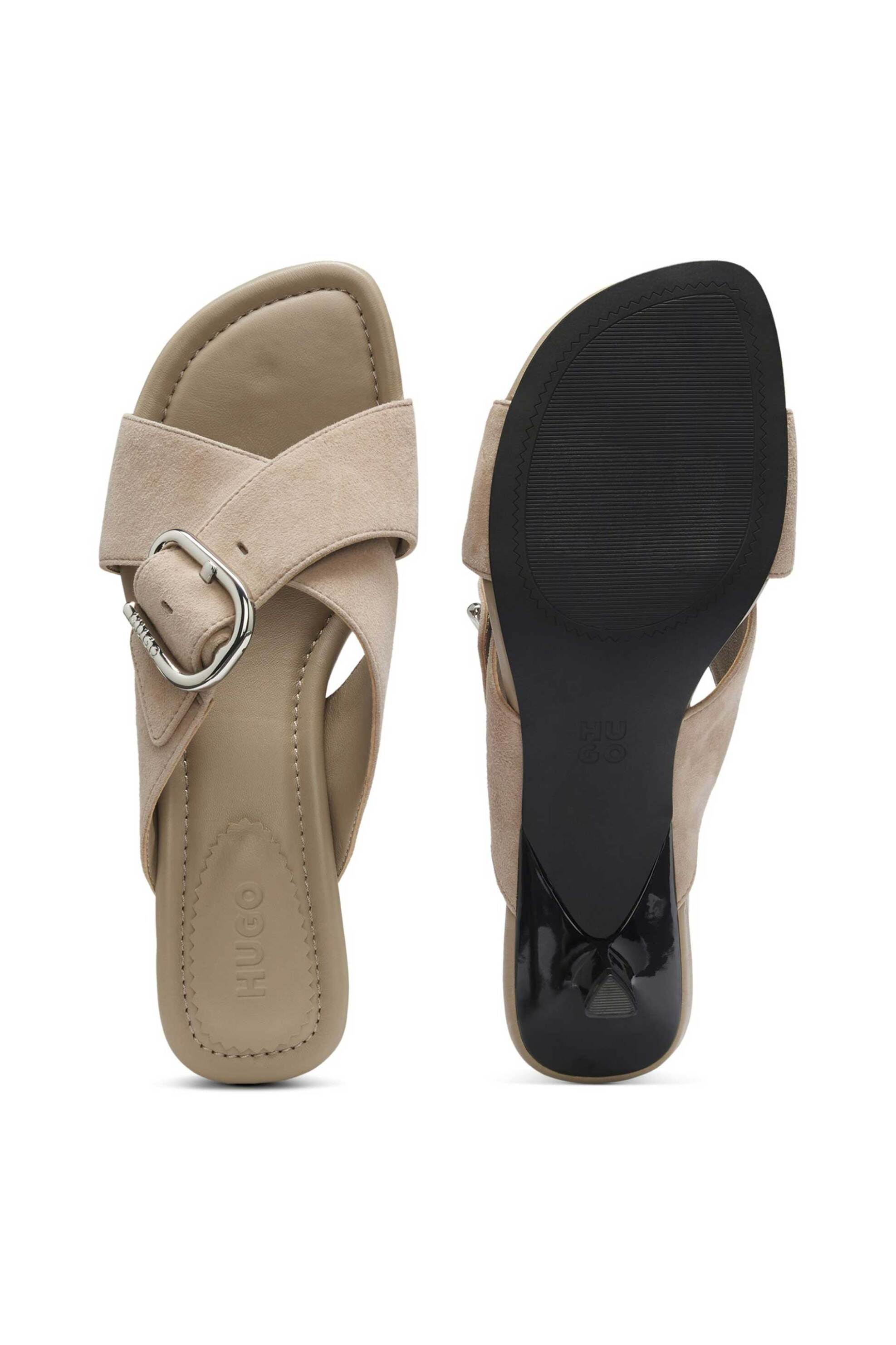 Hugo Boss Γυναικεία Suede Mules με Ρυθμιζόμενη Αγκράφα Αmaryl - 50563636 Μπεζ