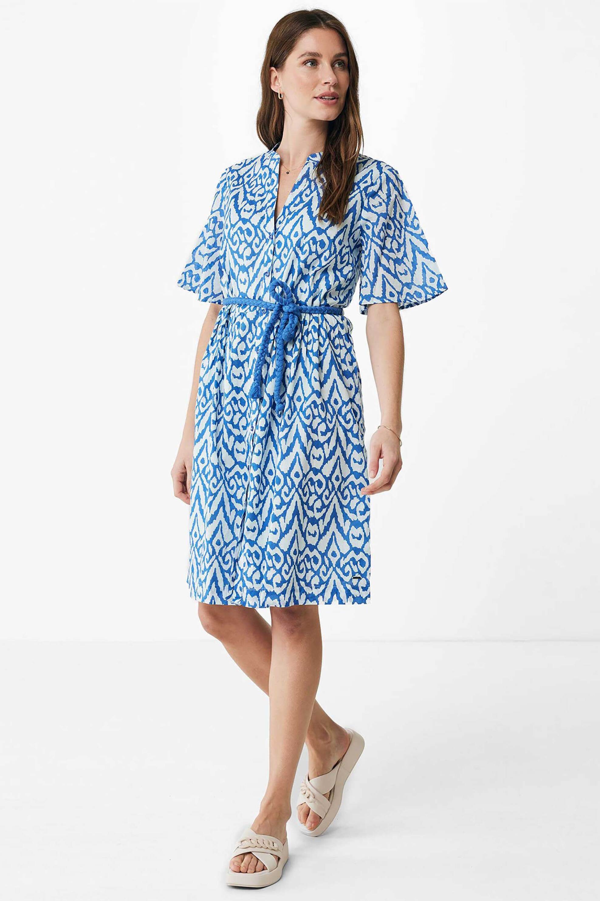 Mexx γυναικείο mini φόρεμα με all-over abstract pattern και ζώνη κορδόνι - MF006303641W Λευκό - Μπλε