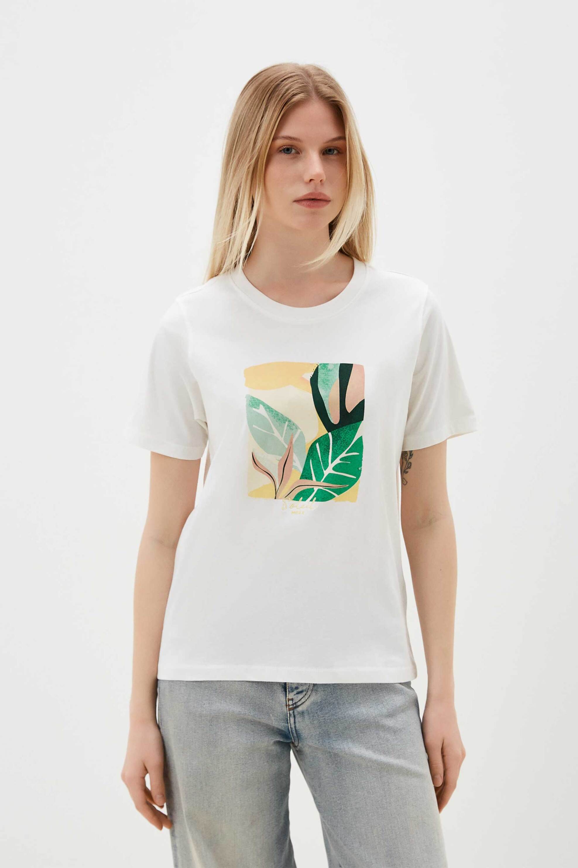 Mexx γυναικείο T-shirt μονόχρωμο βαμβακερό με contrast print μπροστά - MF007813941W Κρέμ