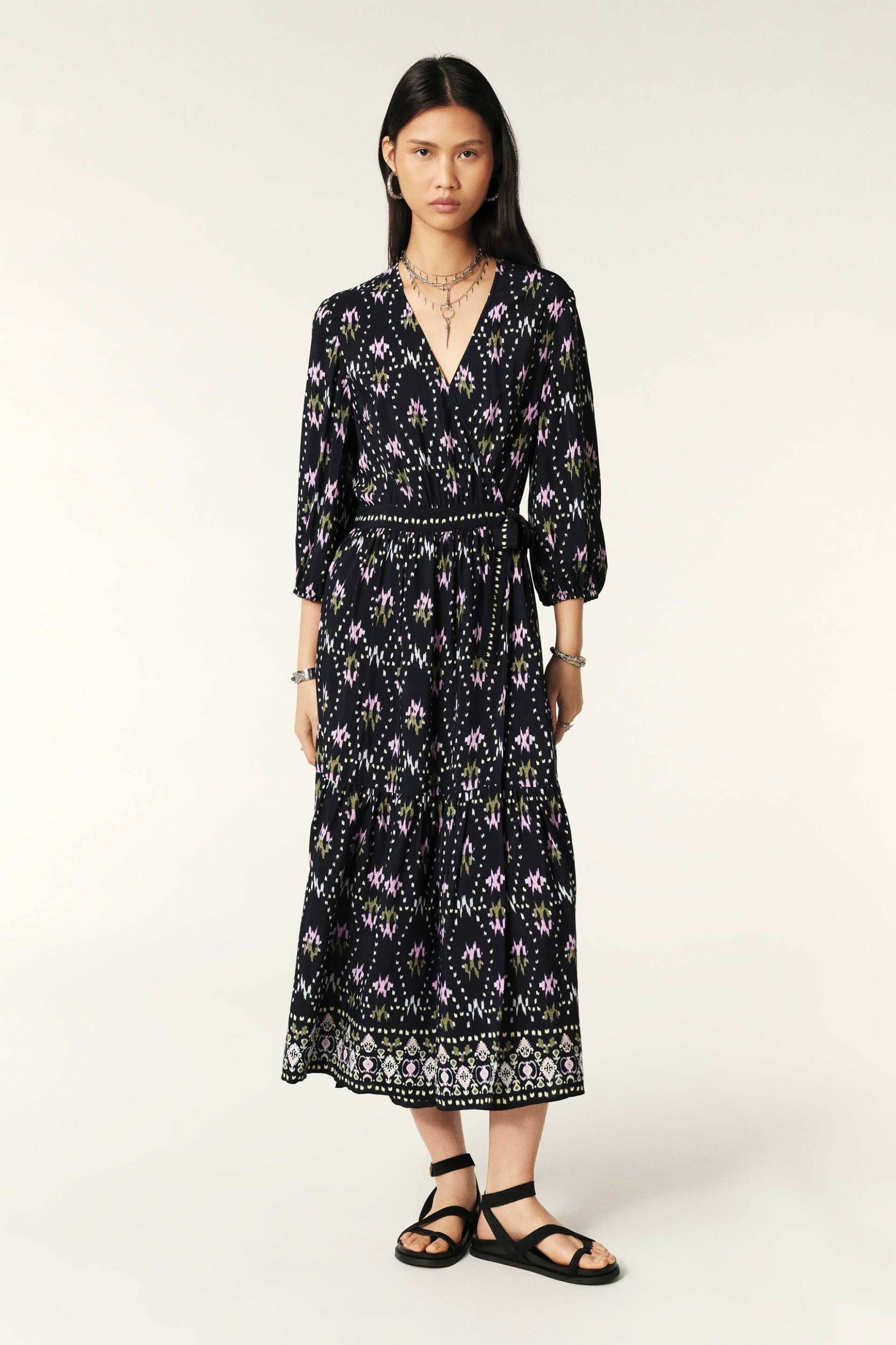 ba&sh γυναικείο midi κρουαζέ φόρεμα με boho print "Nerla" - 1E24NERL Σκούρο Μπλε