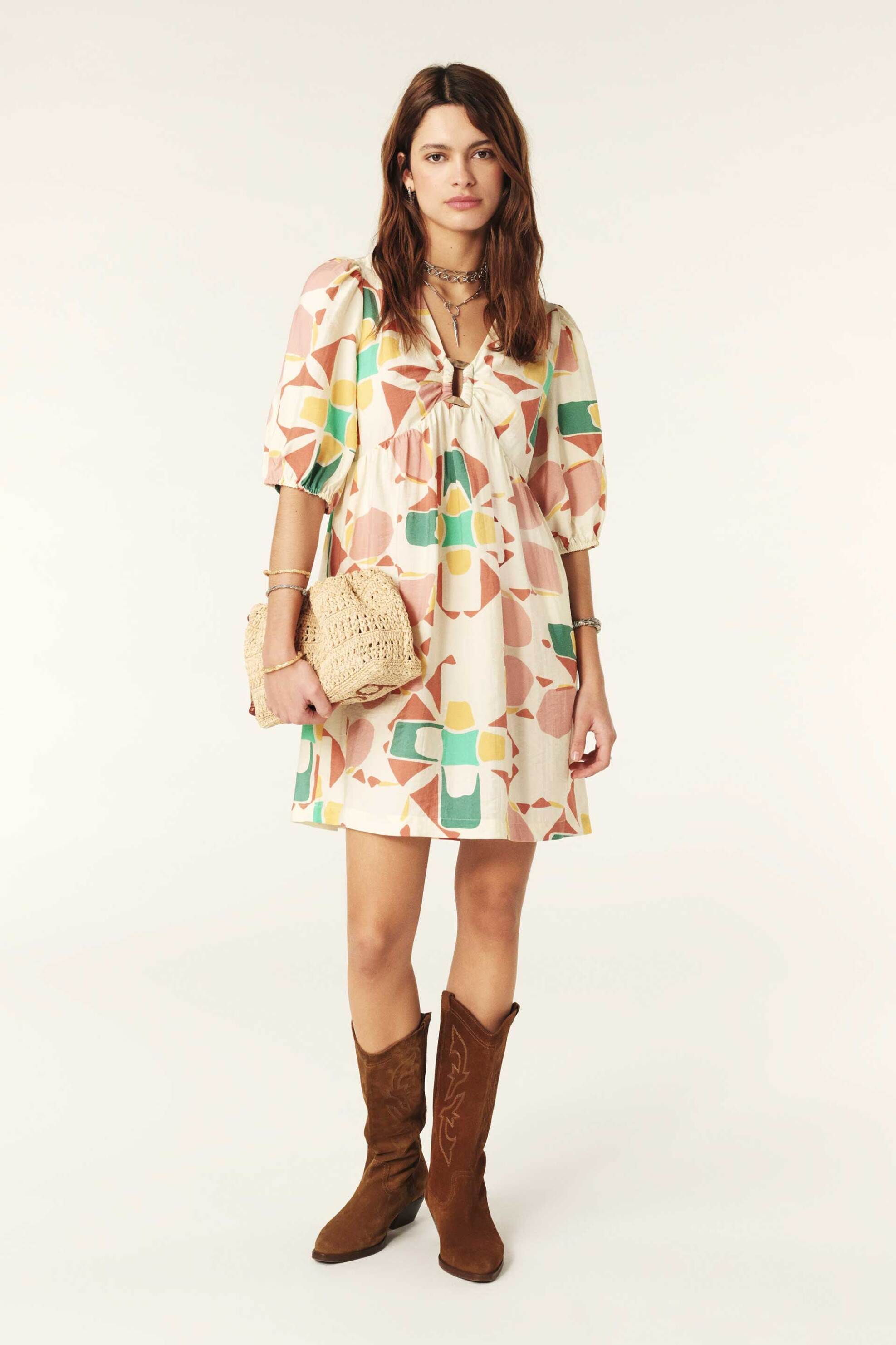 BA&SH ba&sh γυναικείο mini φόρεμα με all-over πολύχρωμα γεωμετρικά patterns και διακοσμητικό κρίκο "Arancia" - 1E24ARAN Εκρού