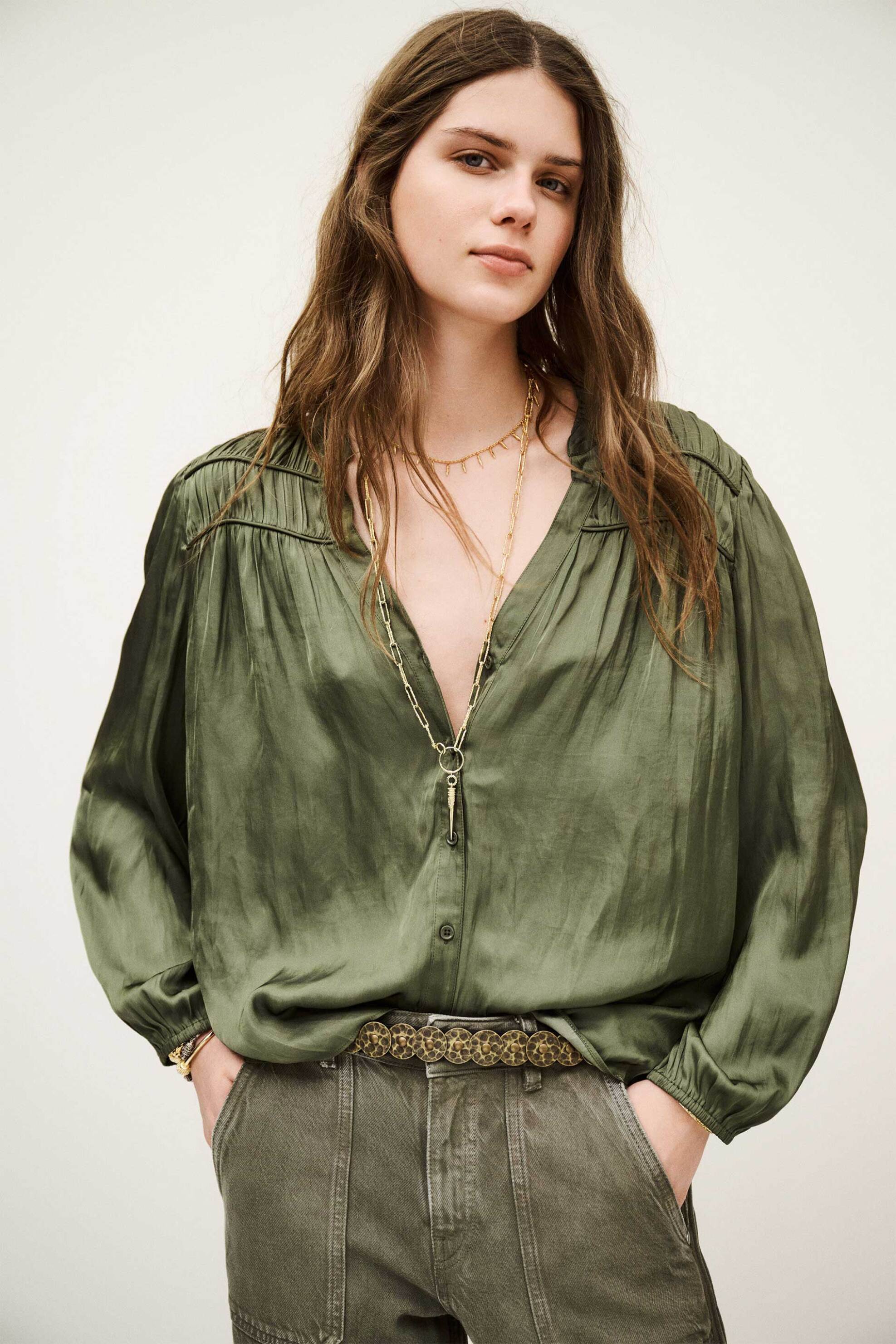 BA&SH ba&sh γυναικείο πουκάμισο loose fit με ραφές "Cessia" - 1H25CESS Χακί