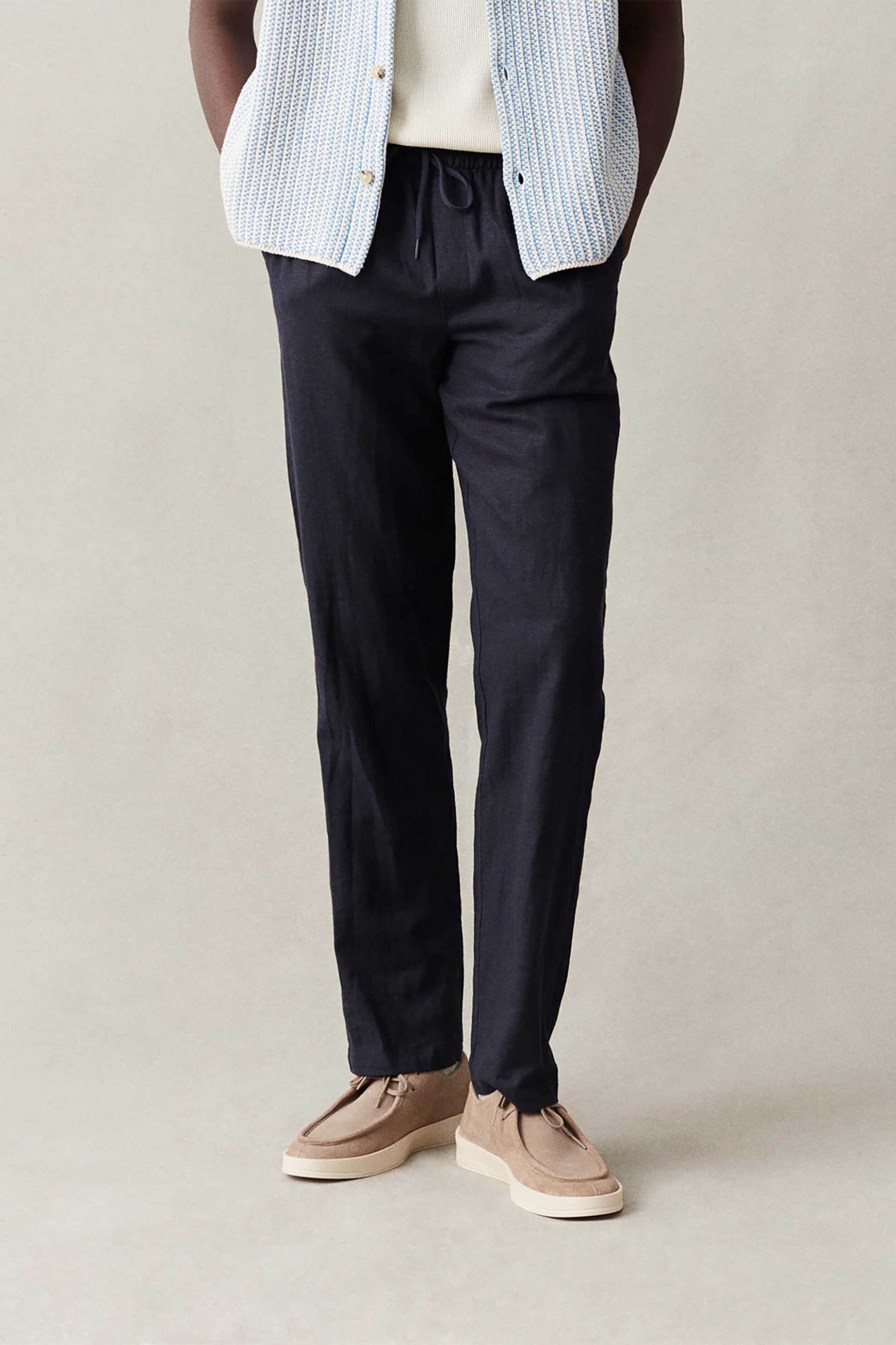 LES DEUX Les Deux ανδρικό παντελόνι μονόχρωμο με ελαστική μέση "Patrick Linen" - LDM510131 Μπλε Σκούρο