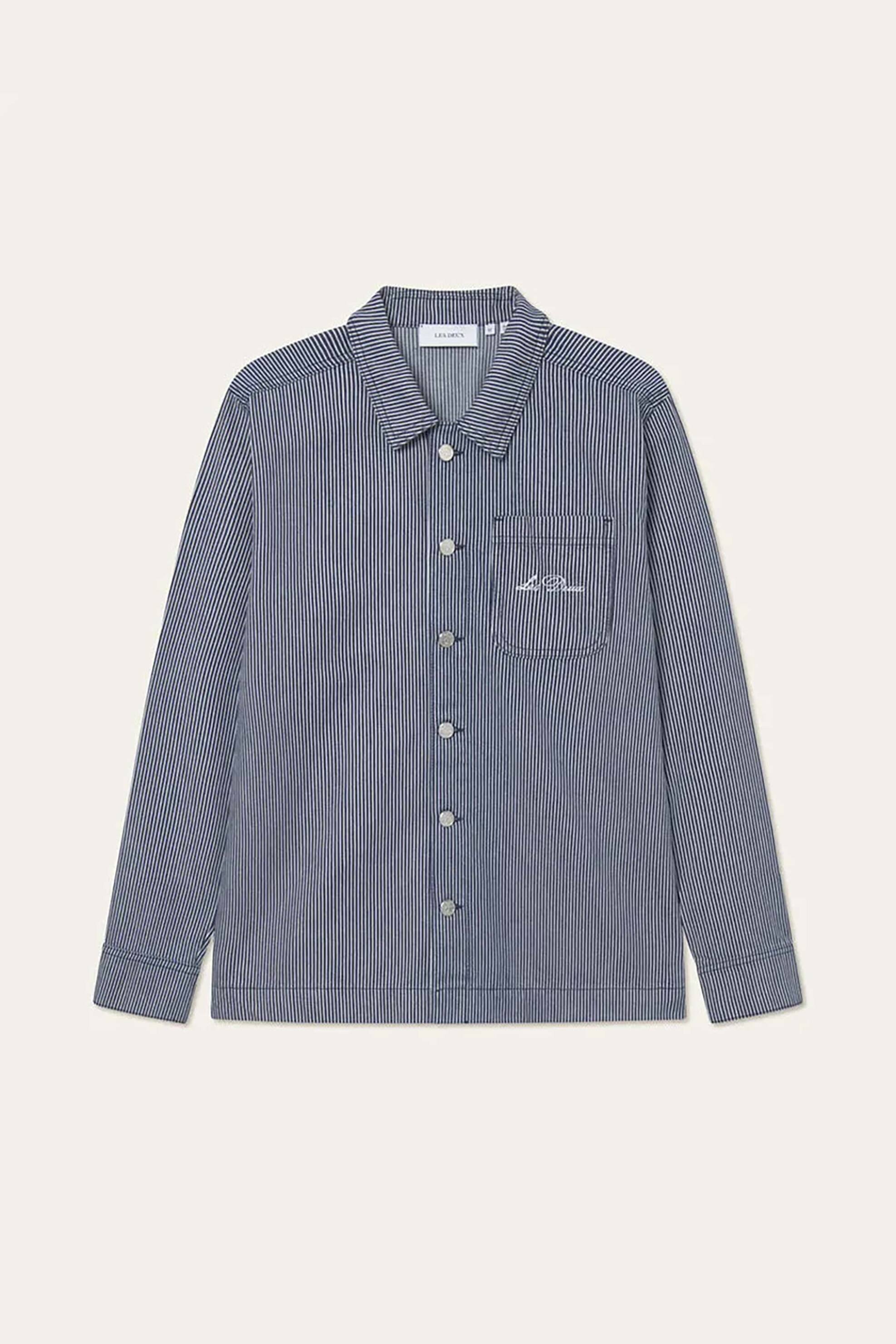 LES DEUX Les Deux ανδρικό denim overshirt με ριγέ σχέδιο και lettering Regular/Loose Fit "Steven" - LDM640126 Μπλε