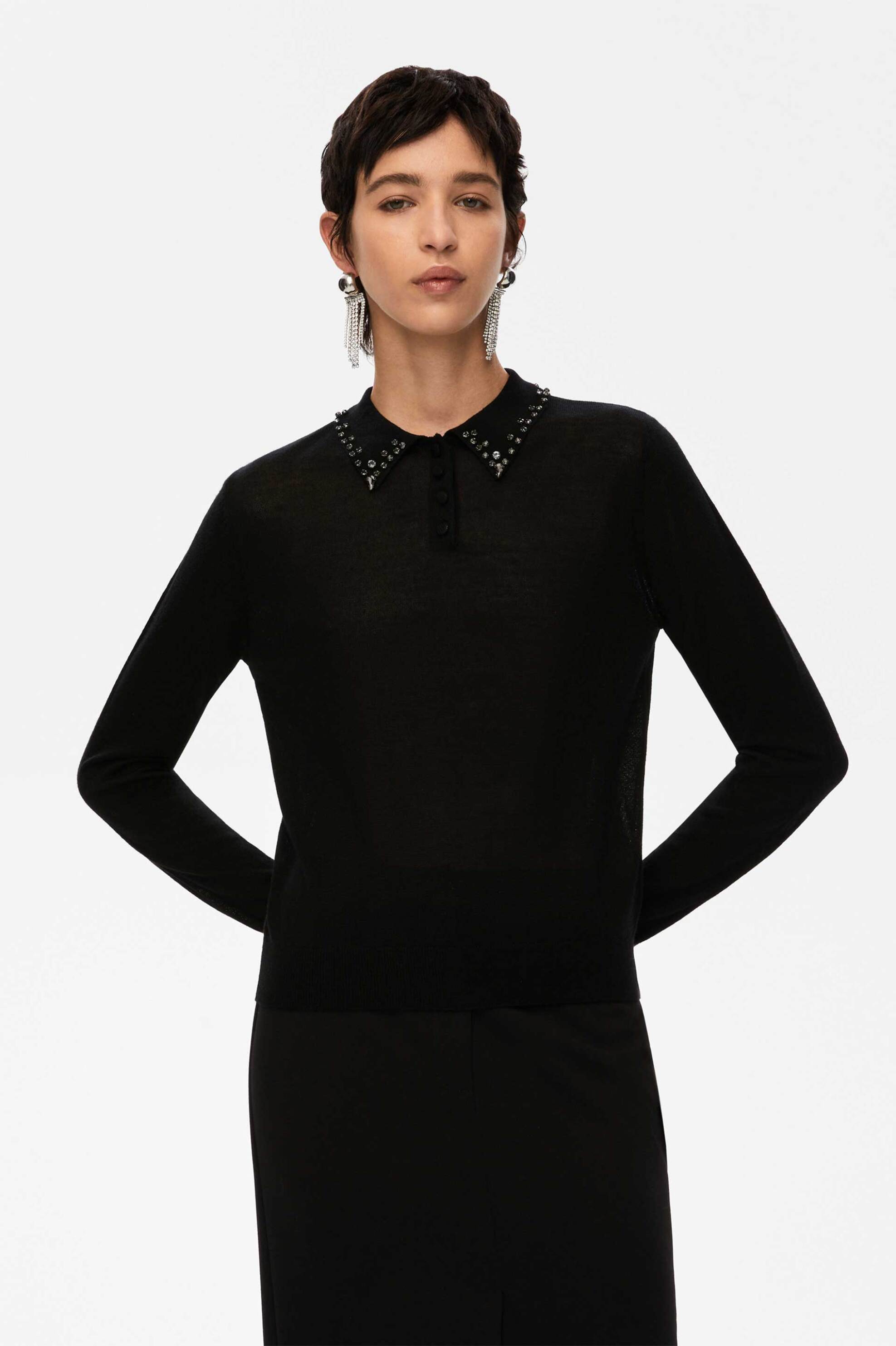 iBlues γυναικεία πλεκτή μπλούζα με πόλο γιακά και στρας "Mirella" - 2527366102200 Μαύρο