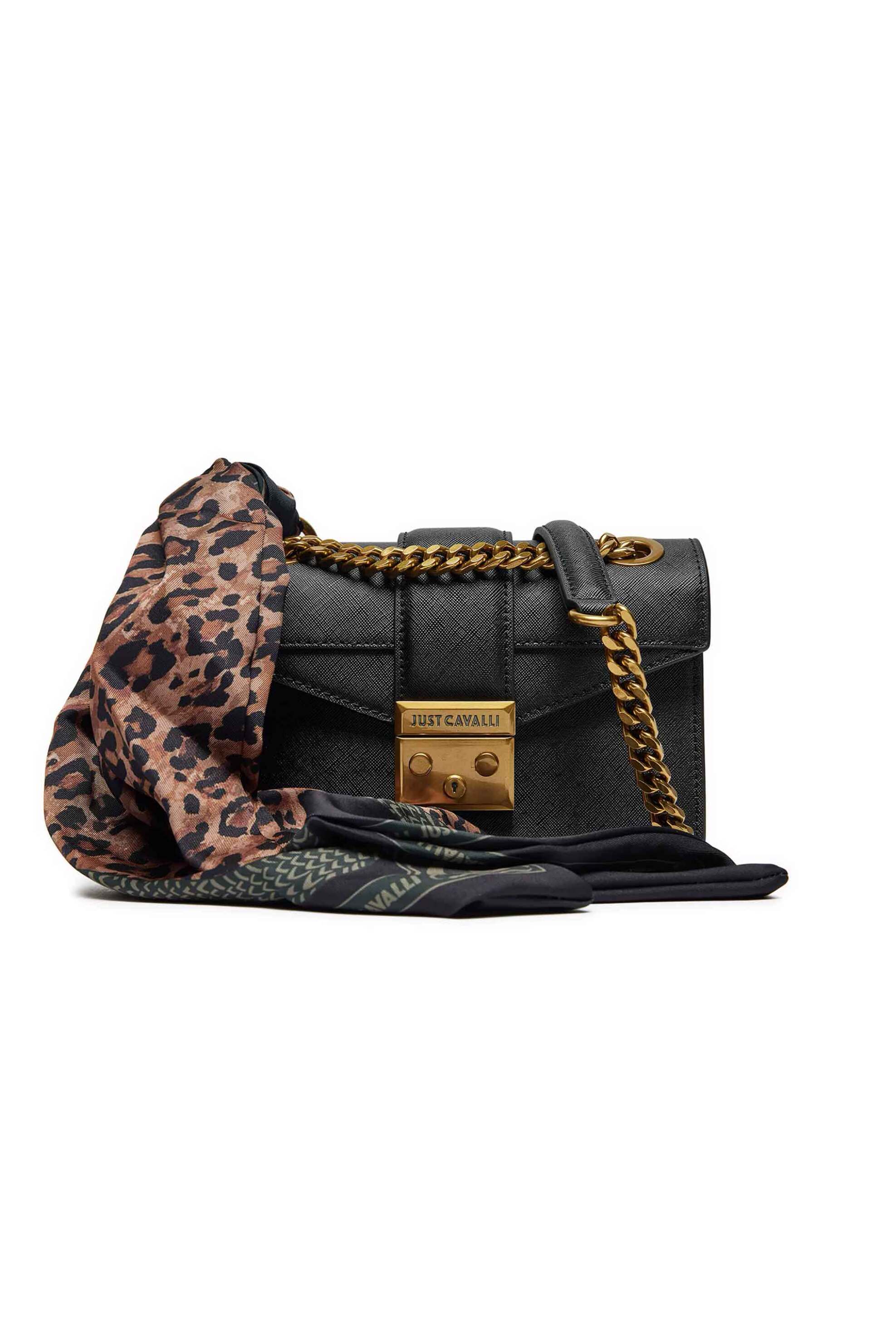 Just Cavalli γυναικεία τσάντα ώμου με μεταλλικό λογότυπο και μαντήλι με animal print | ONE SIZE