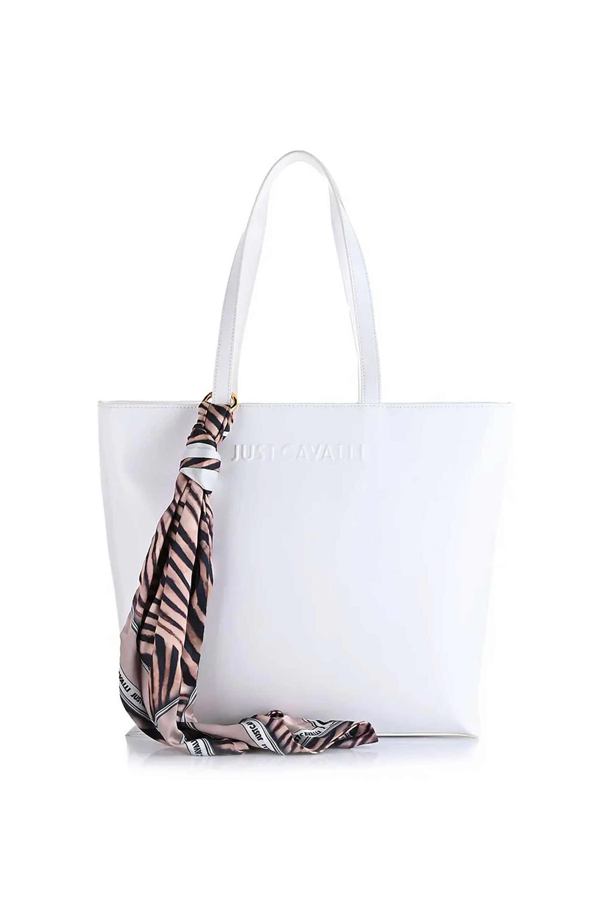 JUST CAVALLI Just Cavalli γυναικεία τσάντα shopper με ανάγλυφο λογότυπο και διακοσμητικό μαντήλι - 78RA4BH5ZSB86 Εκρού