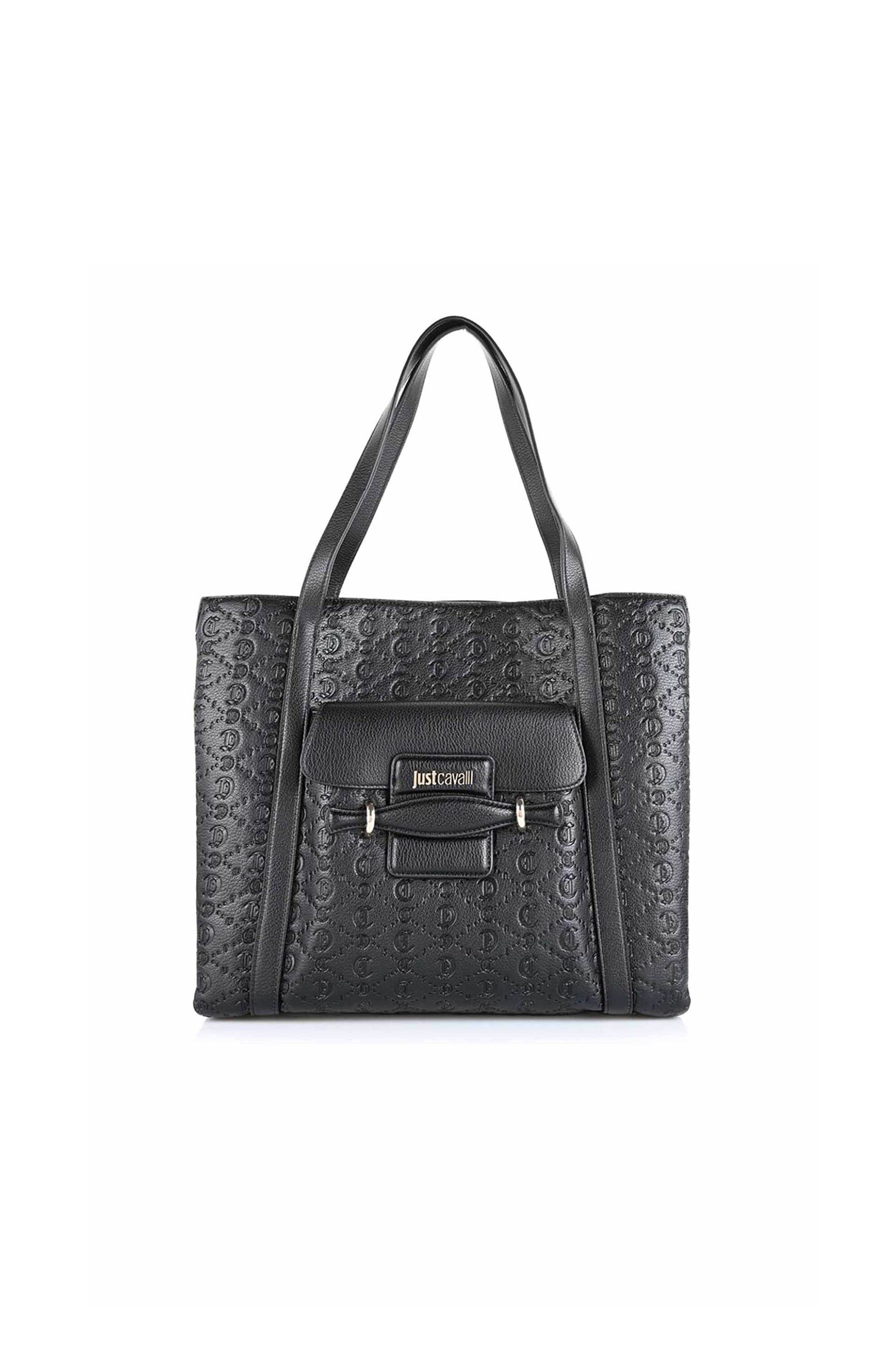 JUST CAVALLI Just Cavalli γυναικεία τσάντα ώμου με μεταλλικό λογότυπο και all-over ανάγλυφο monogram - 79RA4BG1ZSB97 Μαύρο