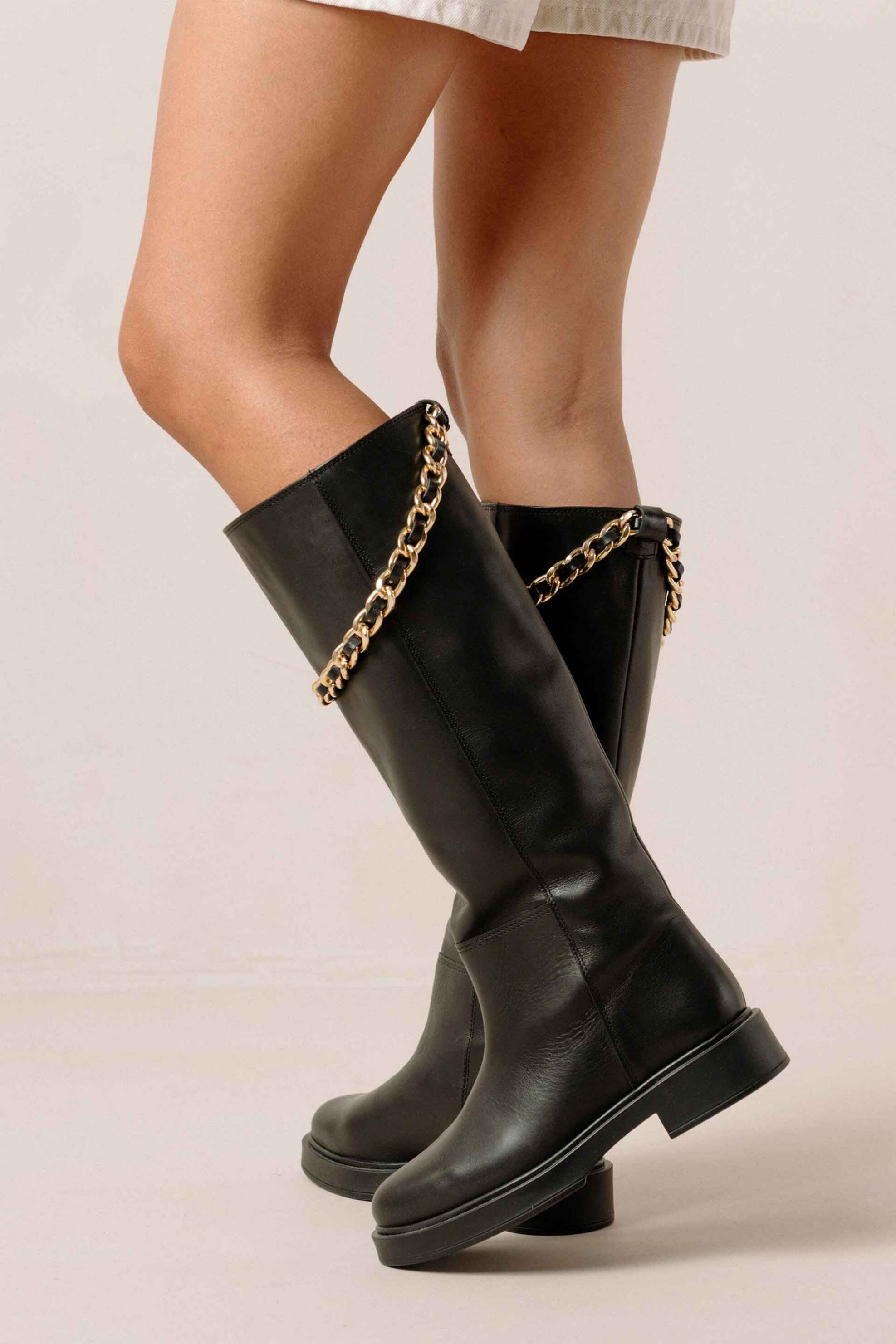 Alohas γυναικείες δερμάτινες μπότες με διακοσμητική αλυσίδα - S00326-25 Μαύρο