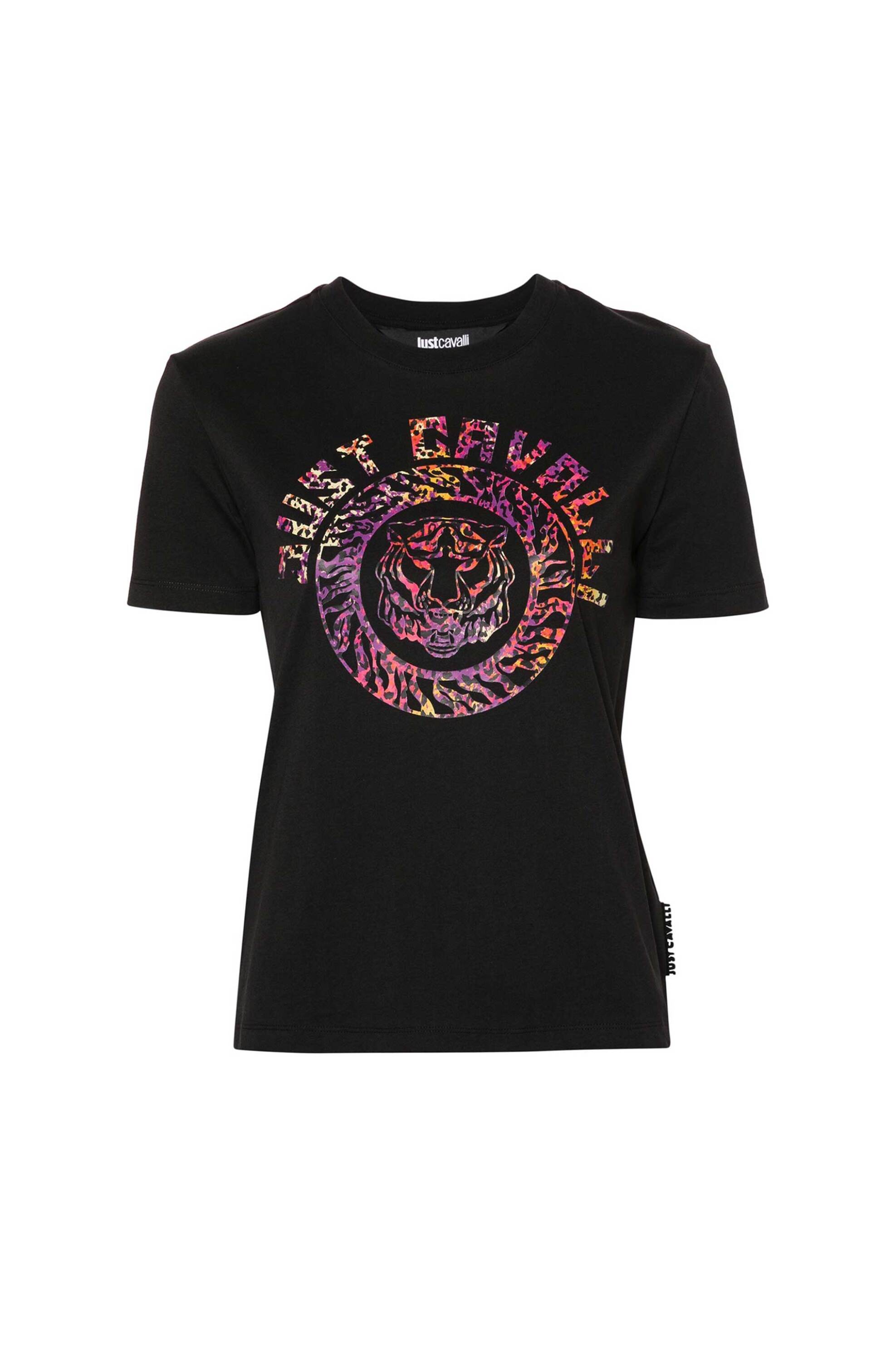 Just Cavalli γυναικείο T-shirt μονόχρωμο βαμβακερό με animal print effect logo print - 76PAHC08CJ600 Μαύρο