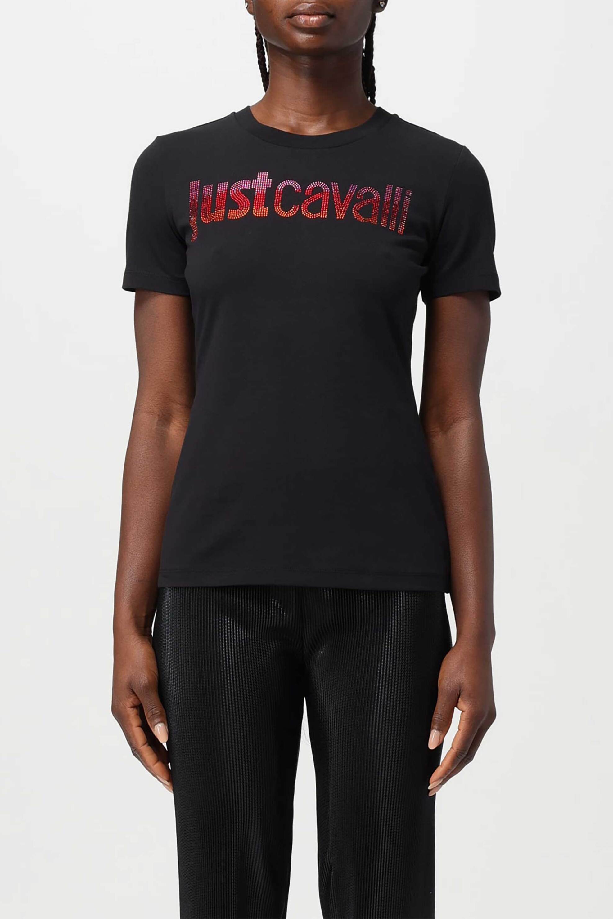 Just Cavalli γυναικείο βαμβακερό T-shirt μονόχρωμο με λογότυπο - 76PAHE06CJ112 Μαύρο