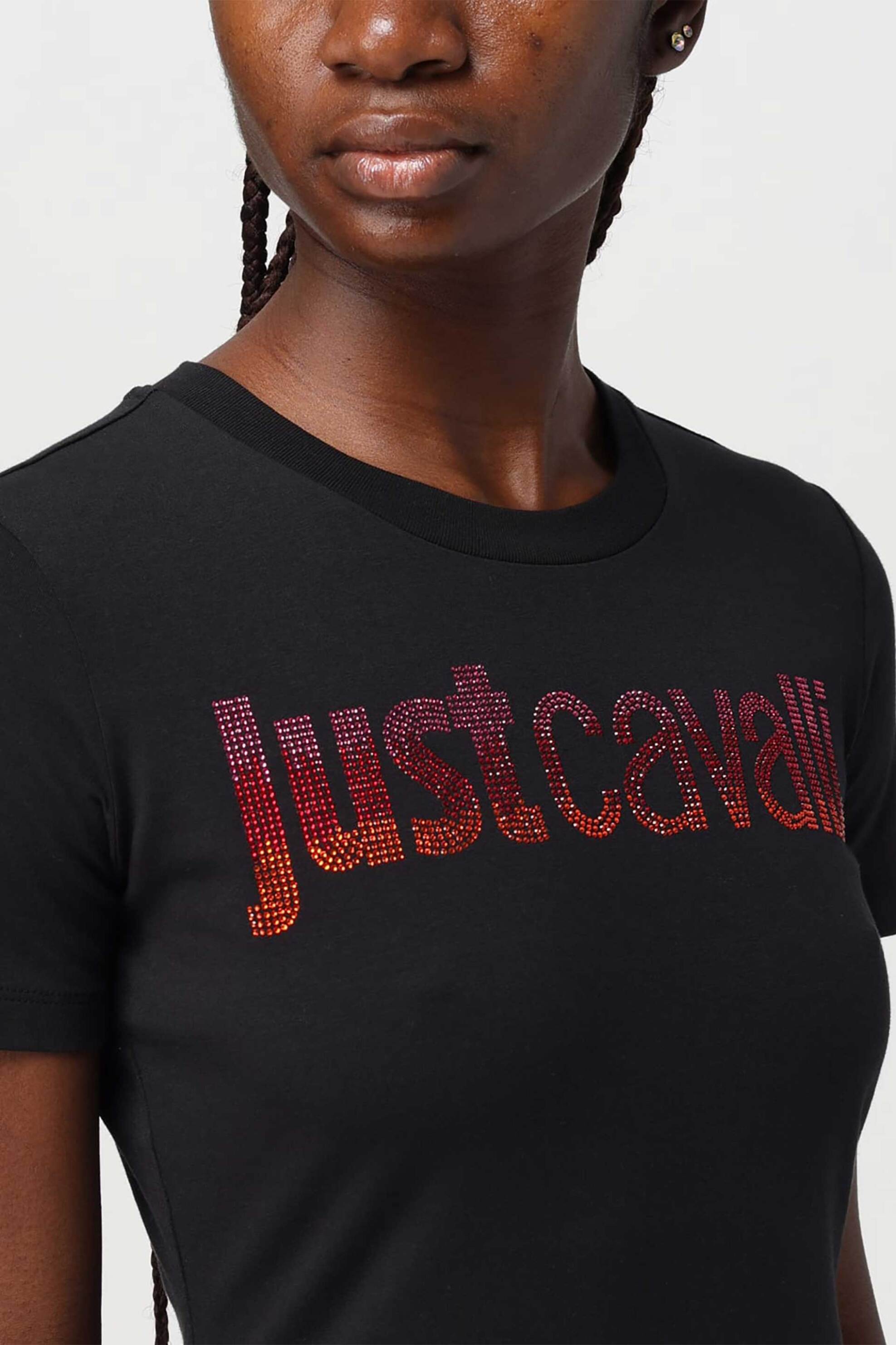 JUST CAVALLI Just Cavalli γυναικείο βαμβακερό T-shirt μονόχρωμο με λογότυπο - 76PAHE06CJ112 Μαύρο - 3