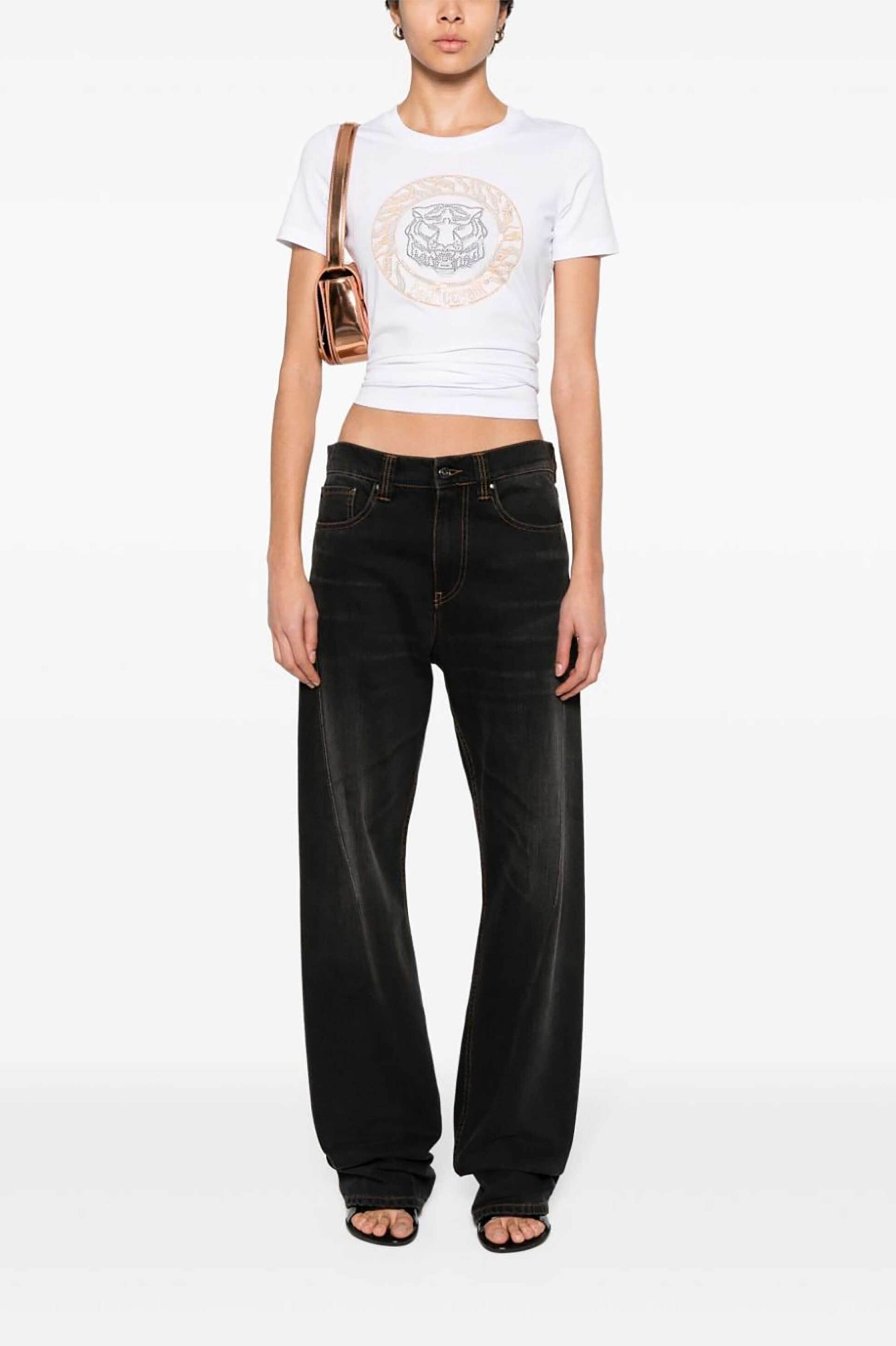 Just Cavalli γυναικείο βαμβακερό T-shirt μονόχρωμο με λογότυπο με rhinestones - 76PAHE08CJ112 Λευκό