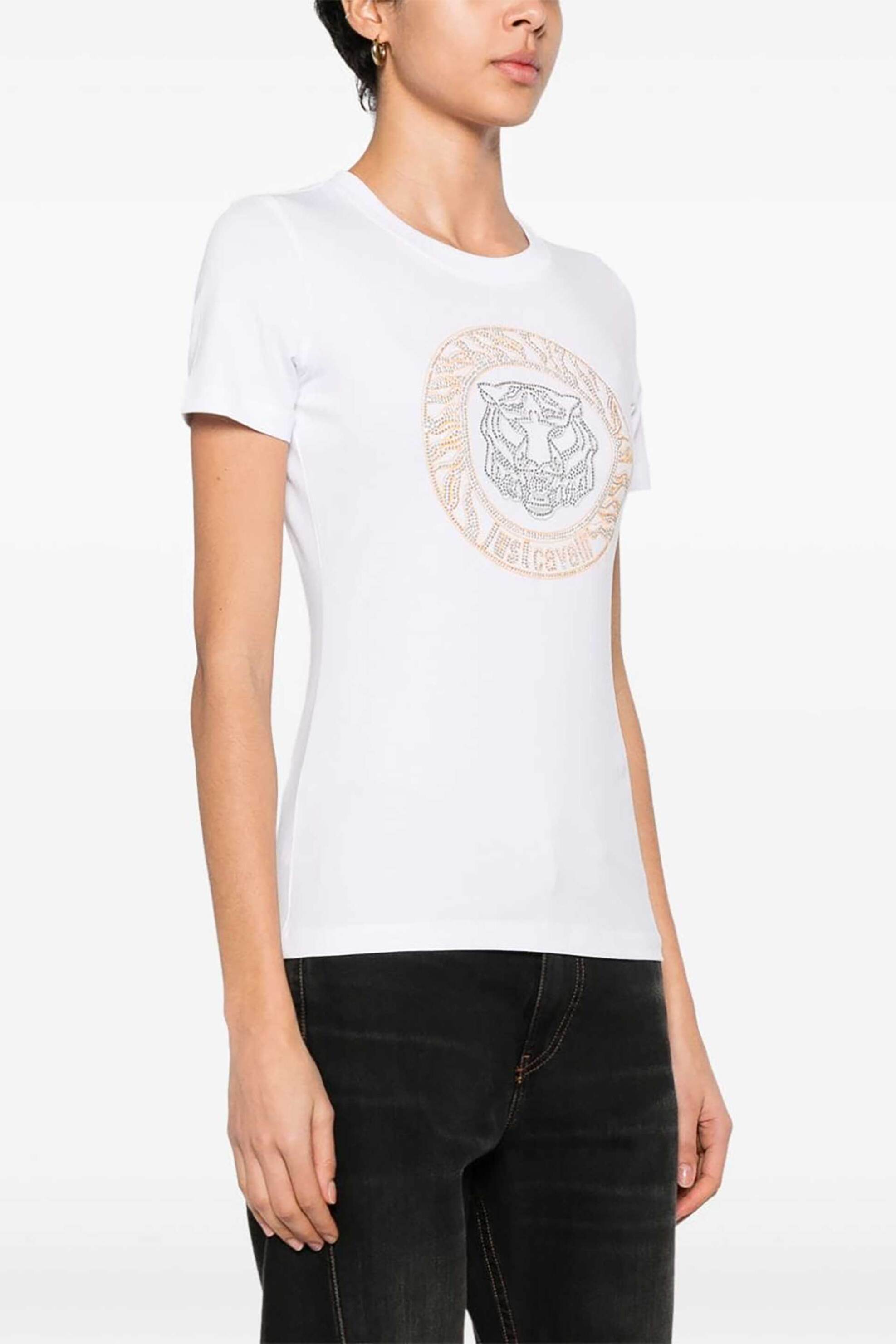 Just Cavalli γυναικείο βαμβακερό T-shirt μονόχρωμο με λογότυπο με rhinestones - 76PAHE08CJ112 Λευκό