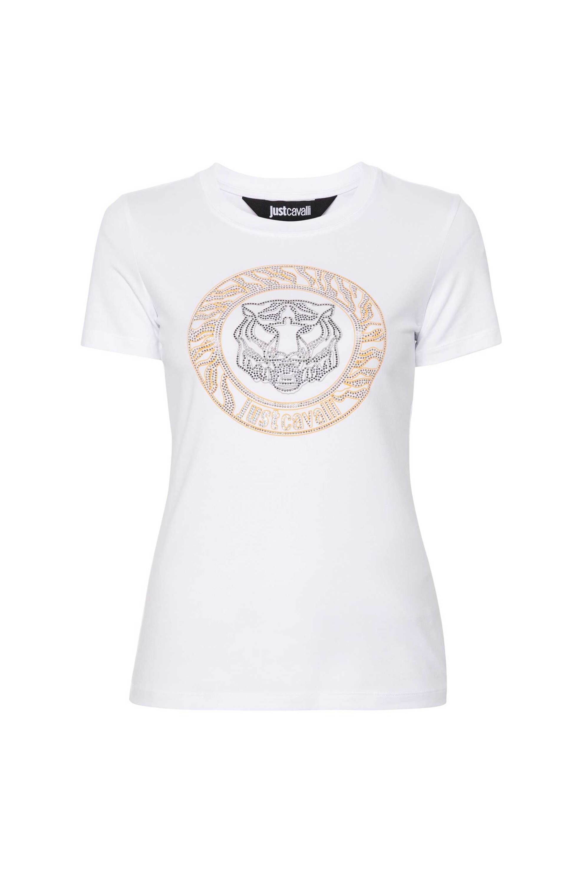 JUST CAVALLI Just Cavalli γυναικείο βαμβακερό T-shirt μονόχρωμο με λογότυπο με rhinestones - 76PAHE08CJ112 Λευκό - 4