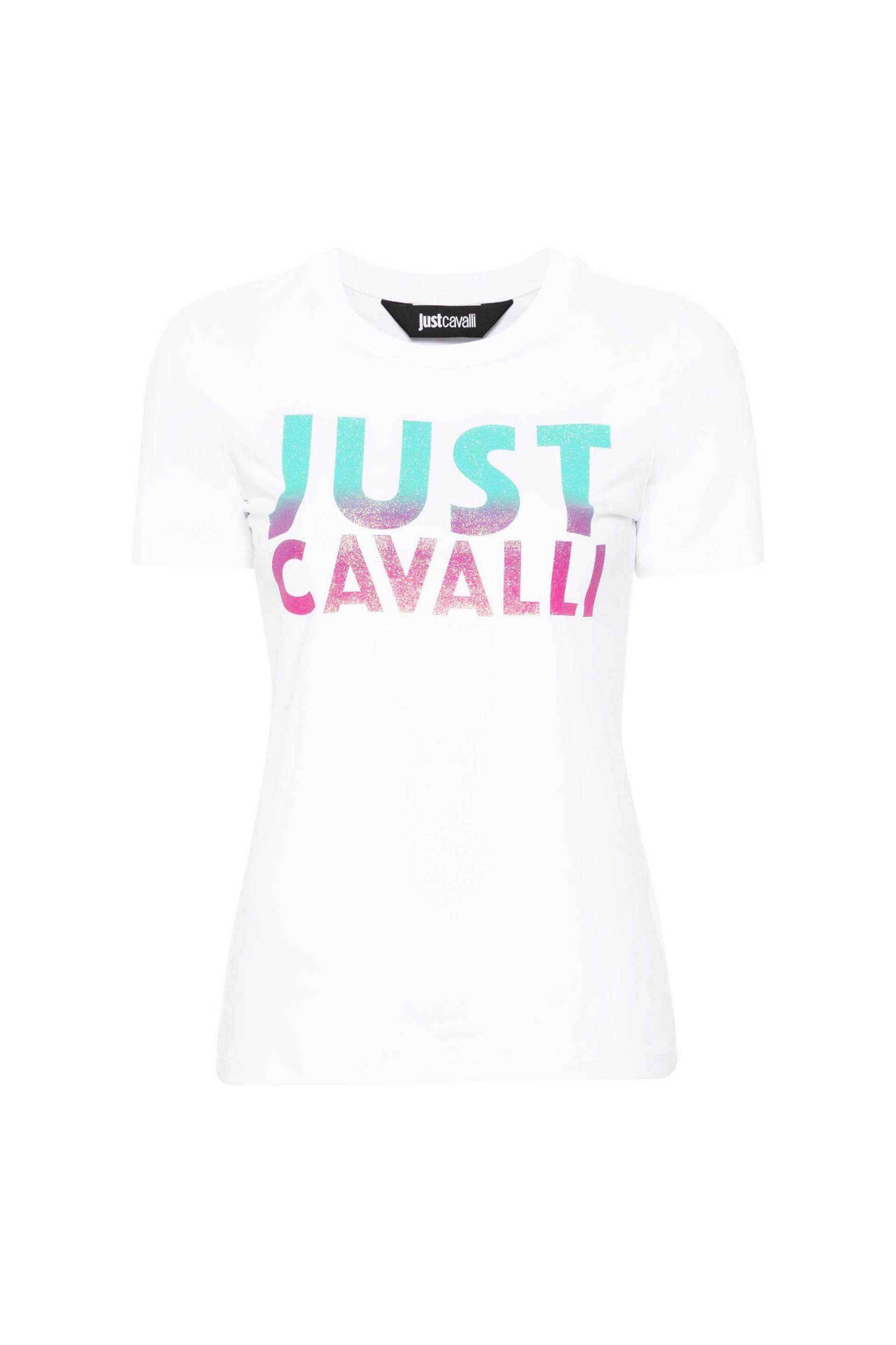 Just Cavalli γυναικείο T-shirt μονόχρωμο βαμβακερό με glitter effect logo print - 76PAHE12CJ112 Λευκό
