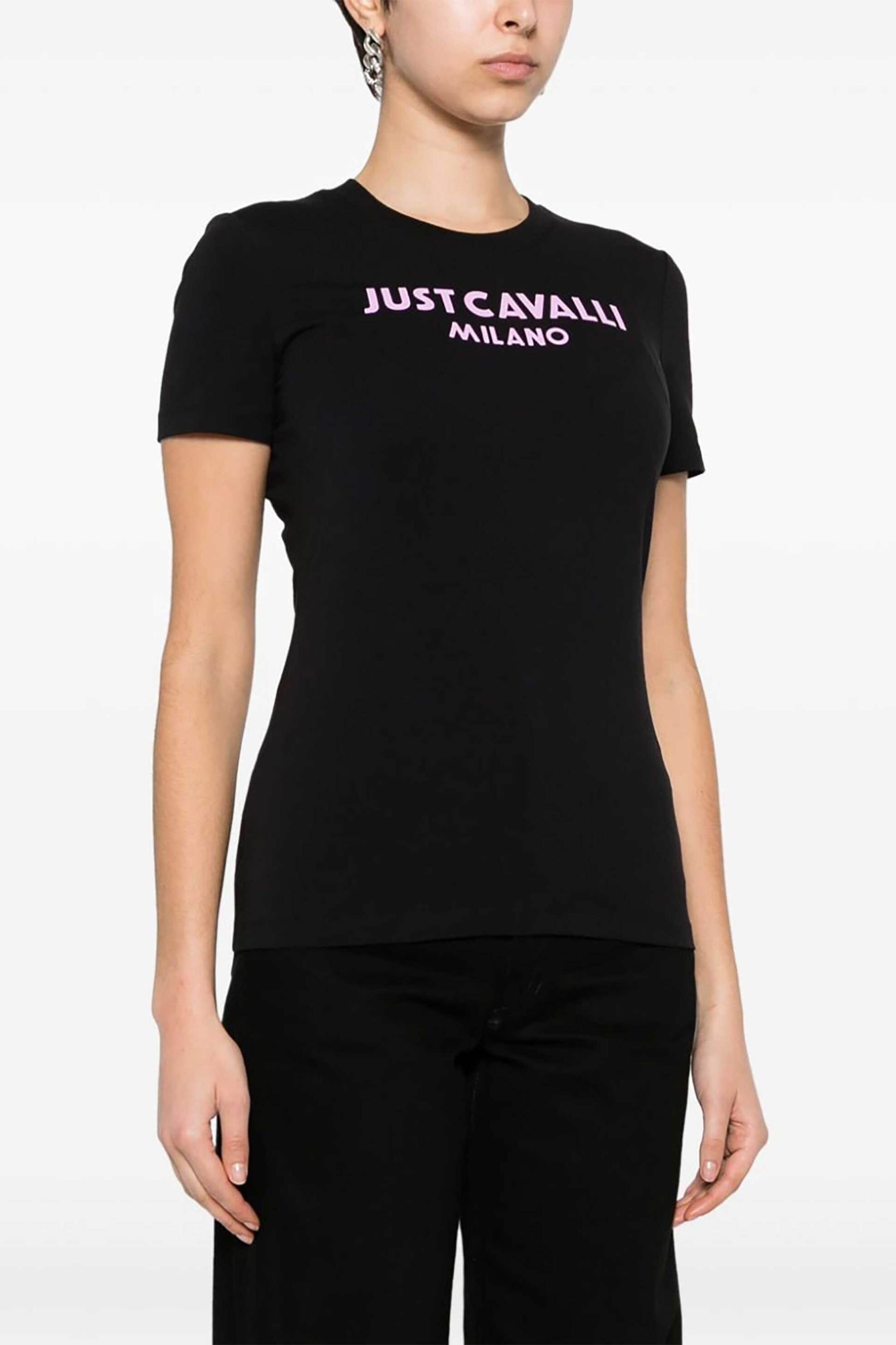 Just Cavalli γυναικείο βαμβακερό T-shirt μονόχρωμο με λογότυπο - 76PAHE13CJ112 Μαύρο