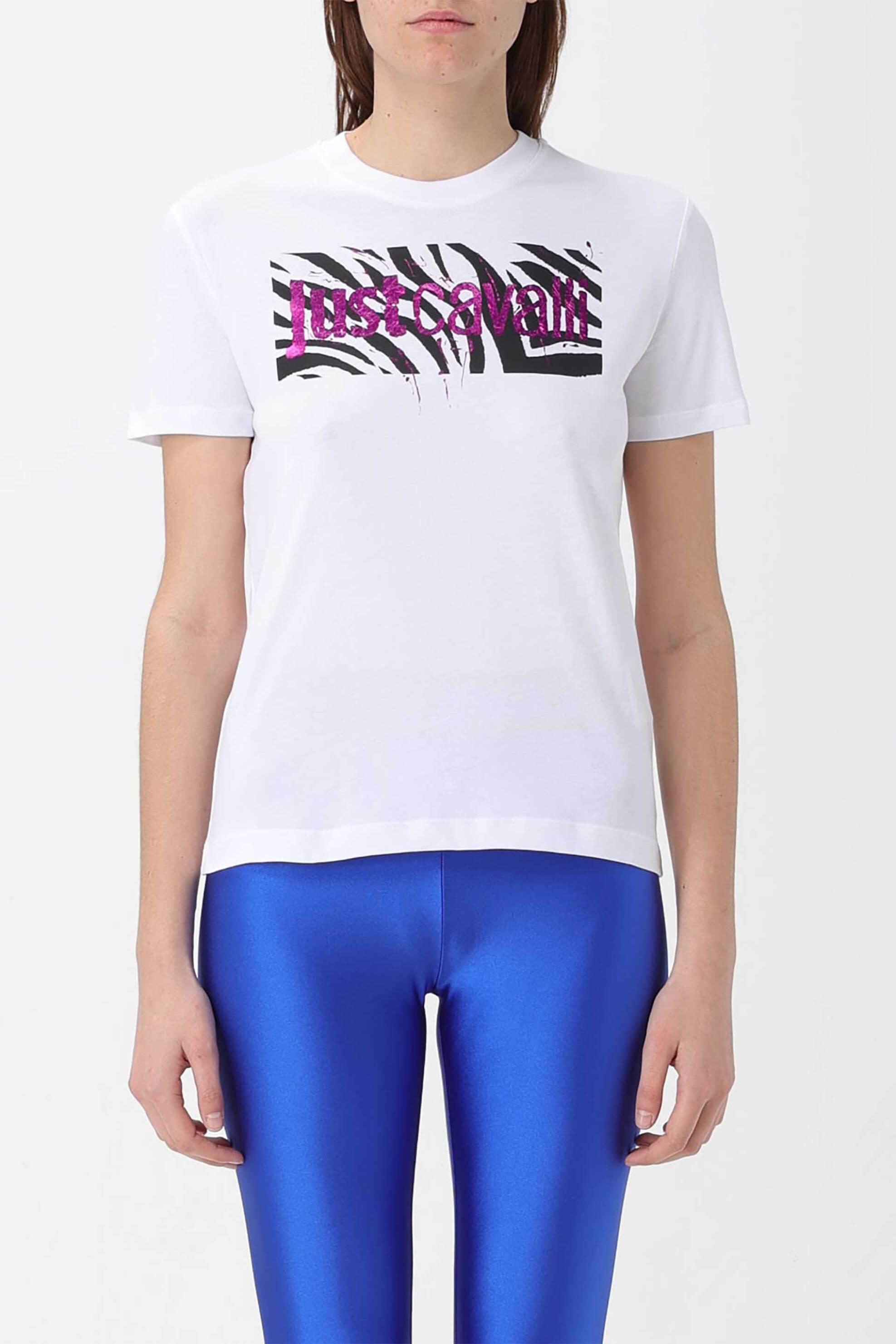 Just Cavalli γυναικείο βαμβακερό T-shirt μονόχρωμο με animal print - 76PAHG07CJ300 Λευκό