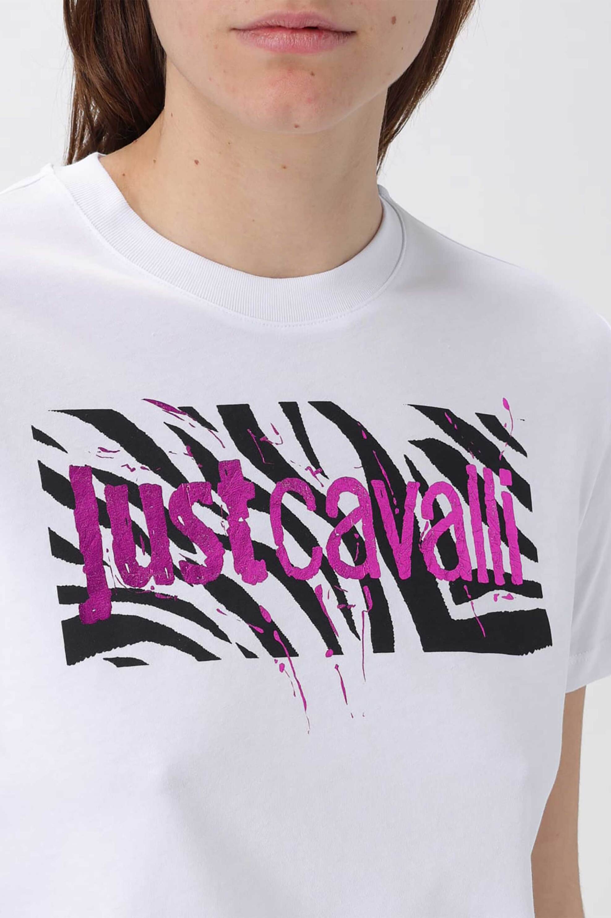 JUST CAVALLI Just Cavalli γυναικείο βαμβακερό T-shirt μονόχρωμο με animal print - 76PAHG07CJ300 Λευκό - 3