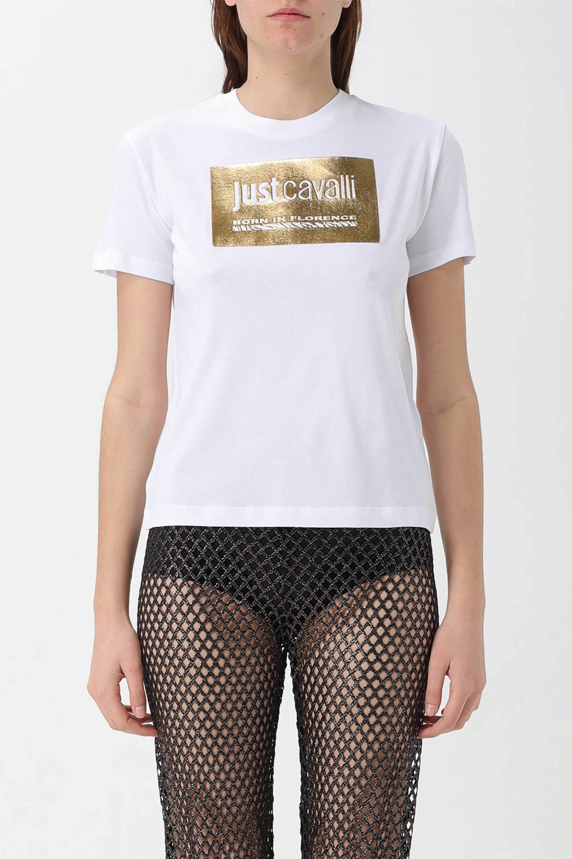 Just Cavalli γυναικείο βαμβακερό T-shirt μονόχρωμο με χρυσό λογότυπο - 76PAHG09CJ300 Λευκό