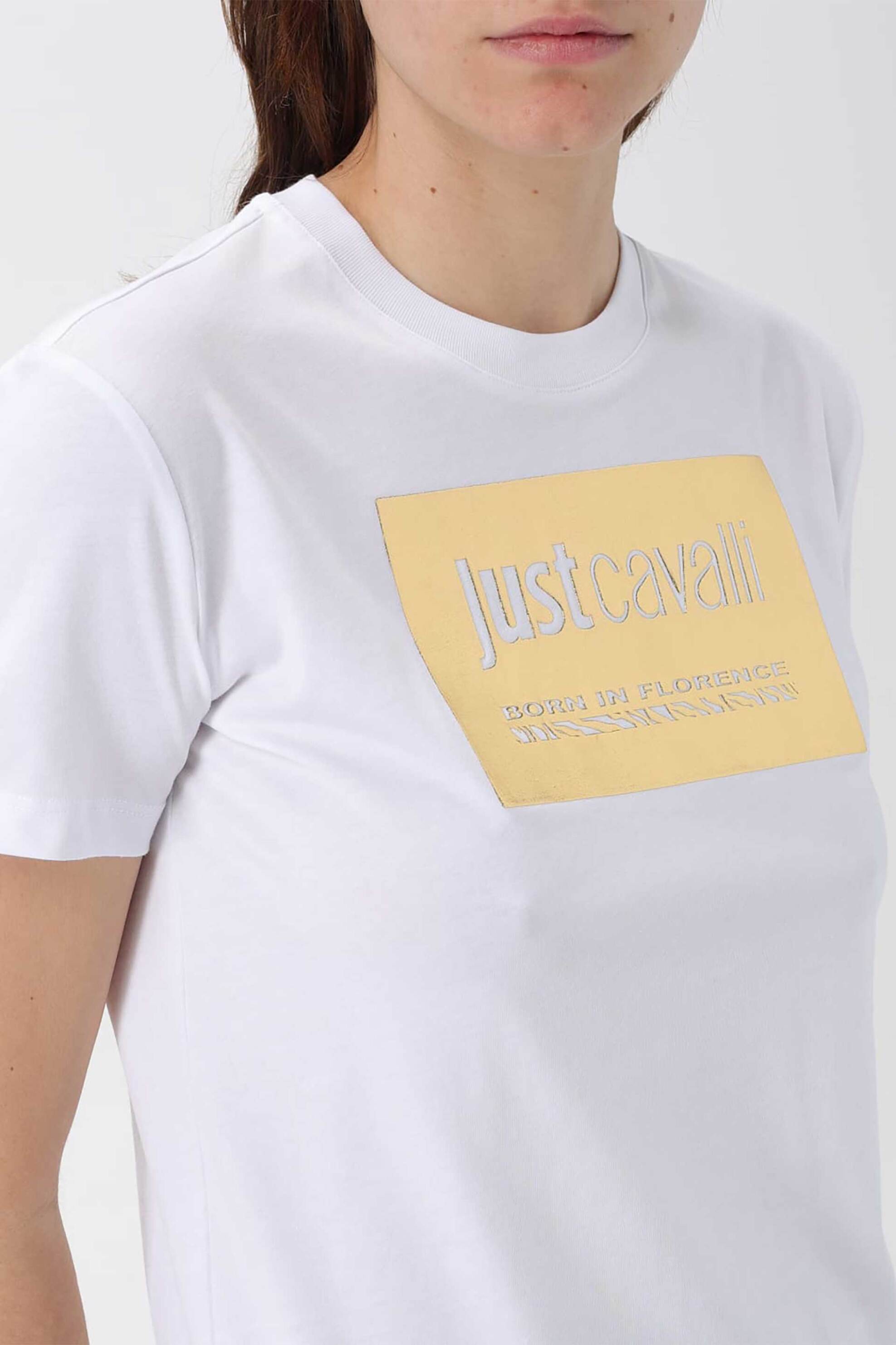 Just Cavalli γυναικείο βαμβακερό T-shirt μονόχρωμο με χρυσό λογότυπο - 76PAHG09CJ300 Λευκό
