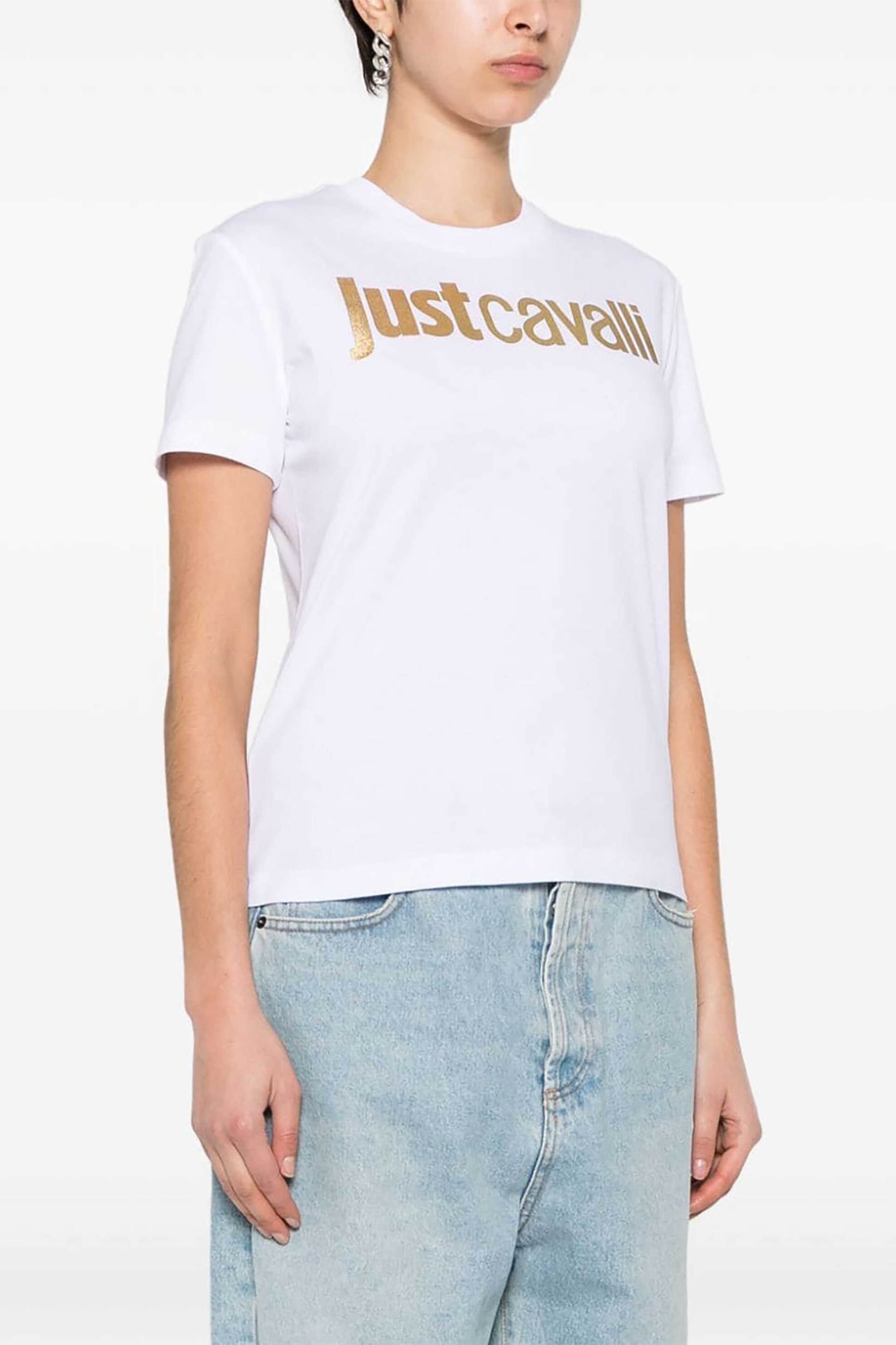 Just Cavalli γυναικείο βαμβακερό T-shirt μονόχρωμο με λογότυπο - 76PAHG11CJ300 Λευκό