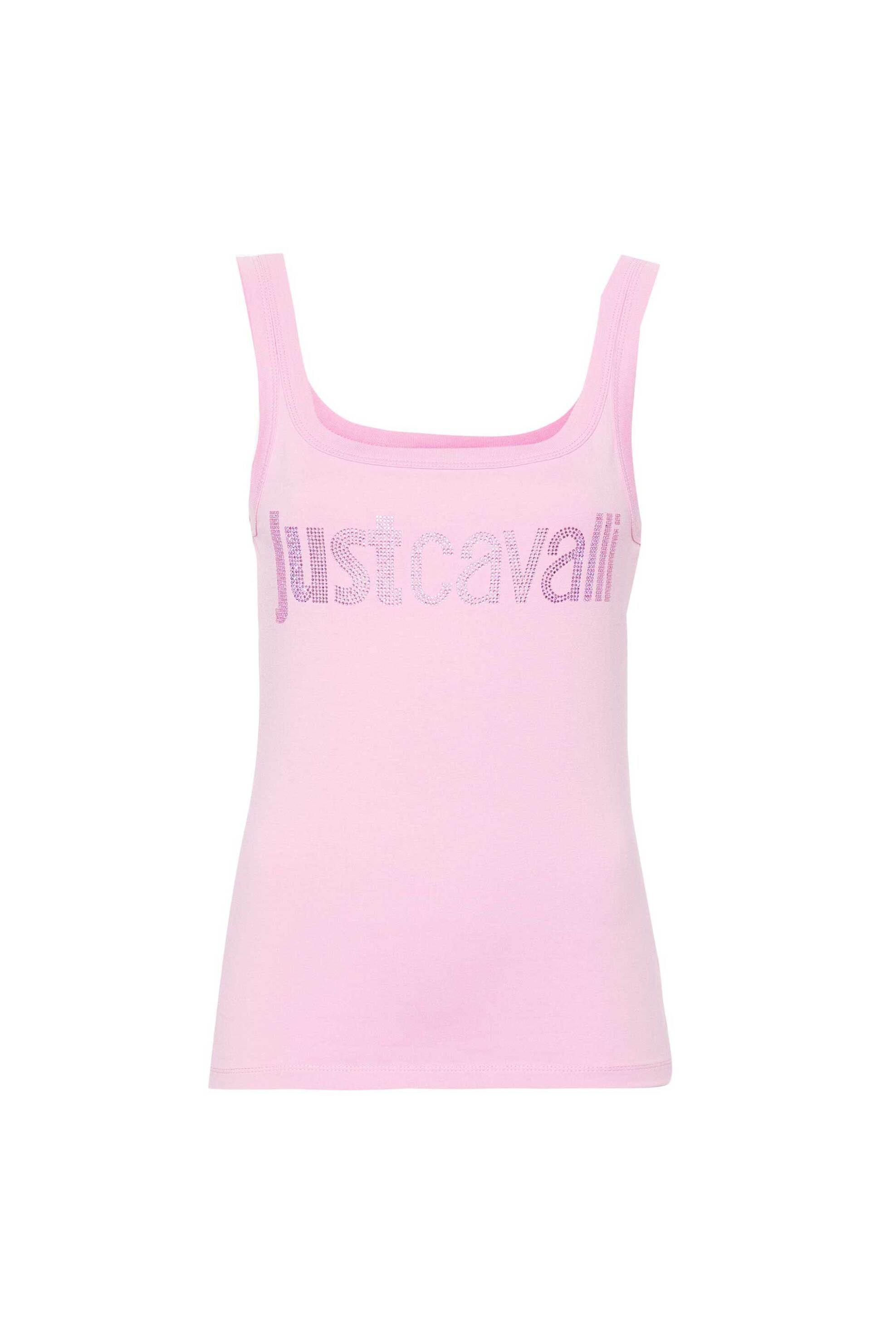 Just Cavalli γυναικείο βαμβακερό τοπ μονόχρωμο με λογότυπο με rhinestones μπροστά - 76PAME03CJ112 Ροζ