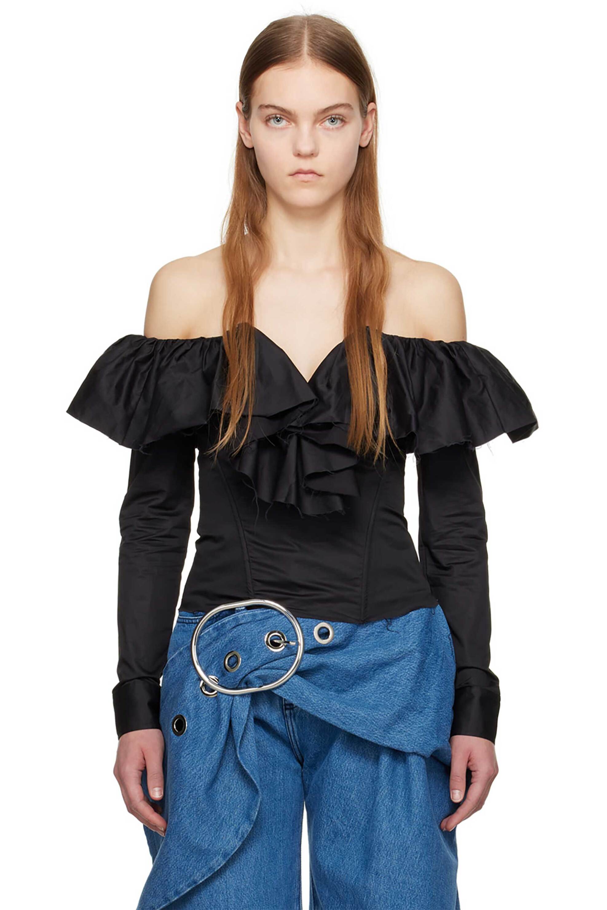 Marques' Almeida γυναικεία μπλούζα off the shoulder με βολάν - RST24TP0532SHT Μαύρο φωτογραφία