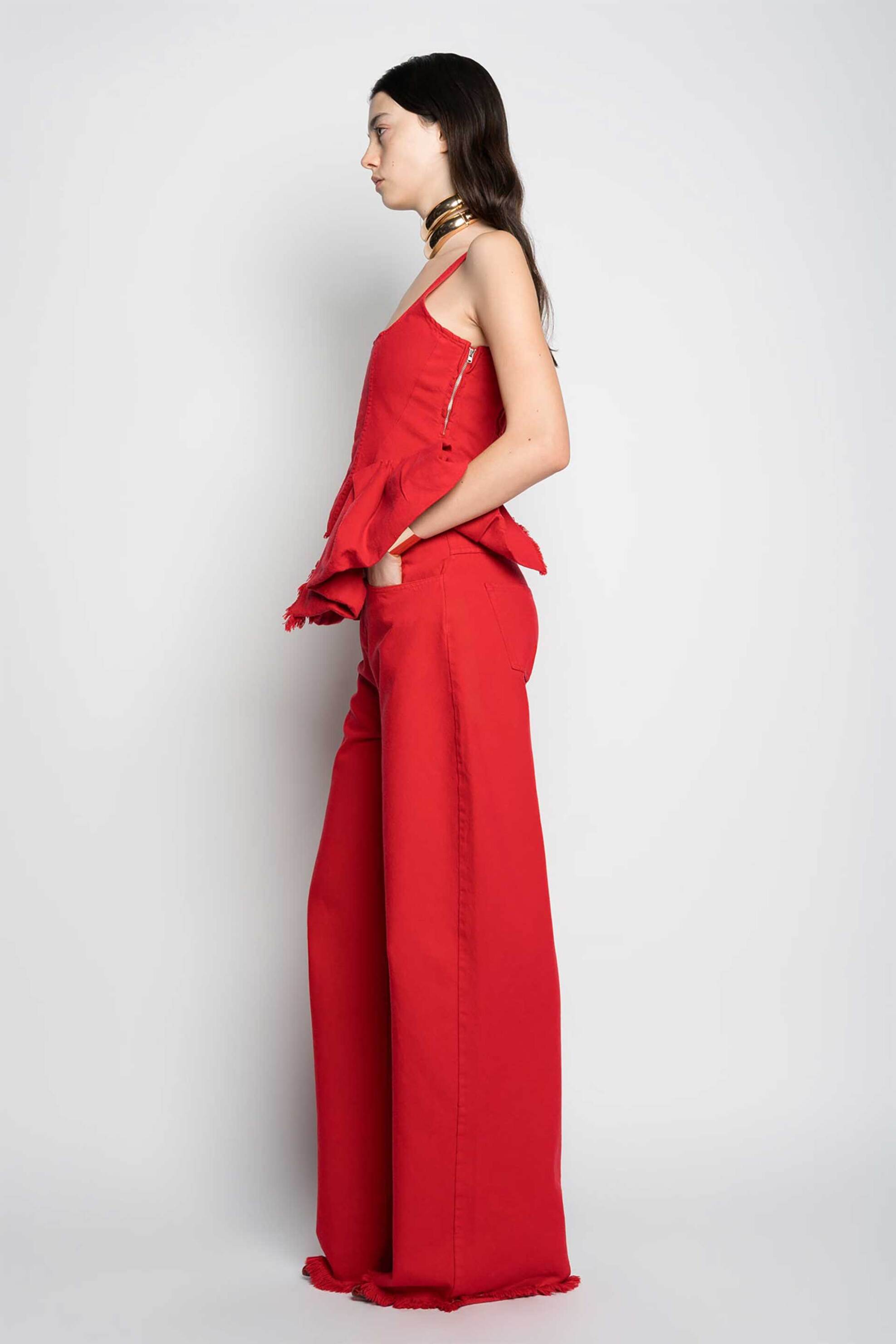 Marques' Almeida γυναικείο τοπ denim με ξέφτια - PRE24TP0384DRLRD Κόκκινο φωτογραφία