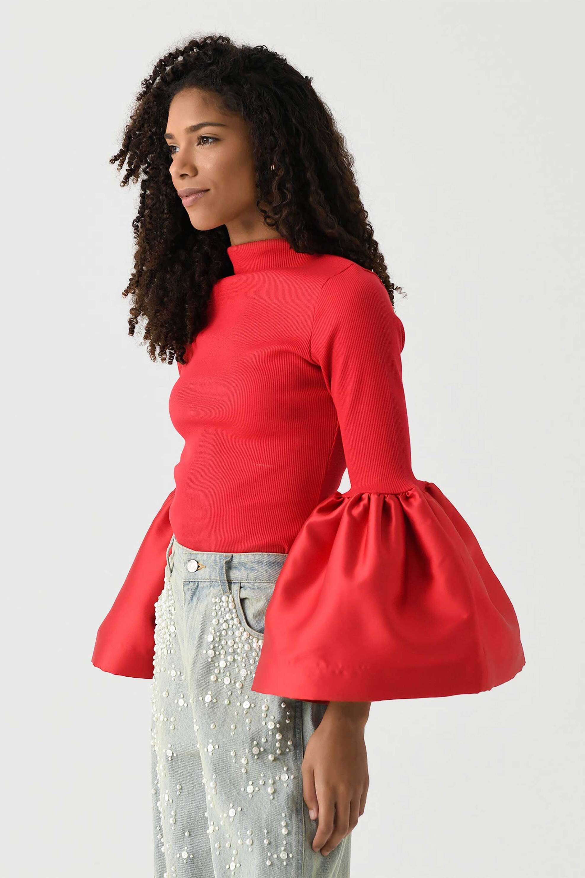 Marques' Almeida γυναικεία μπλούζα με βολάν στα μανίκια - AW24TP0312JRRRD Κόκκινο φωτογραφία