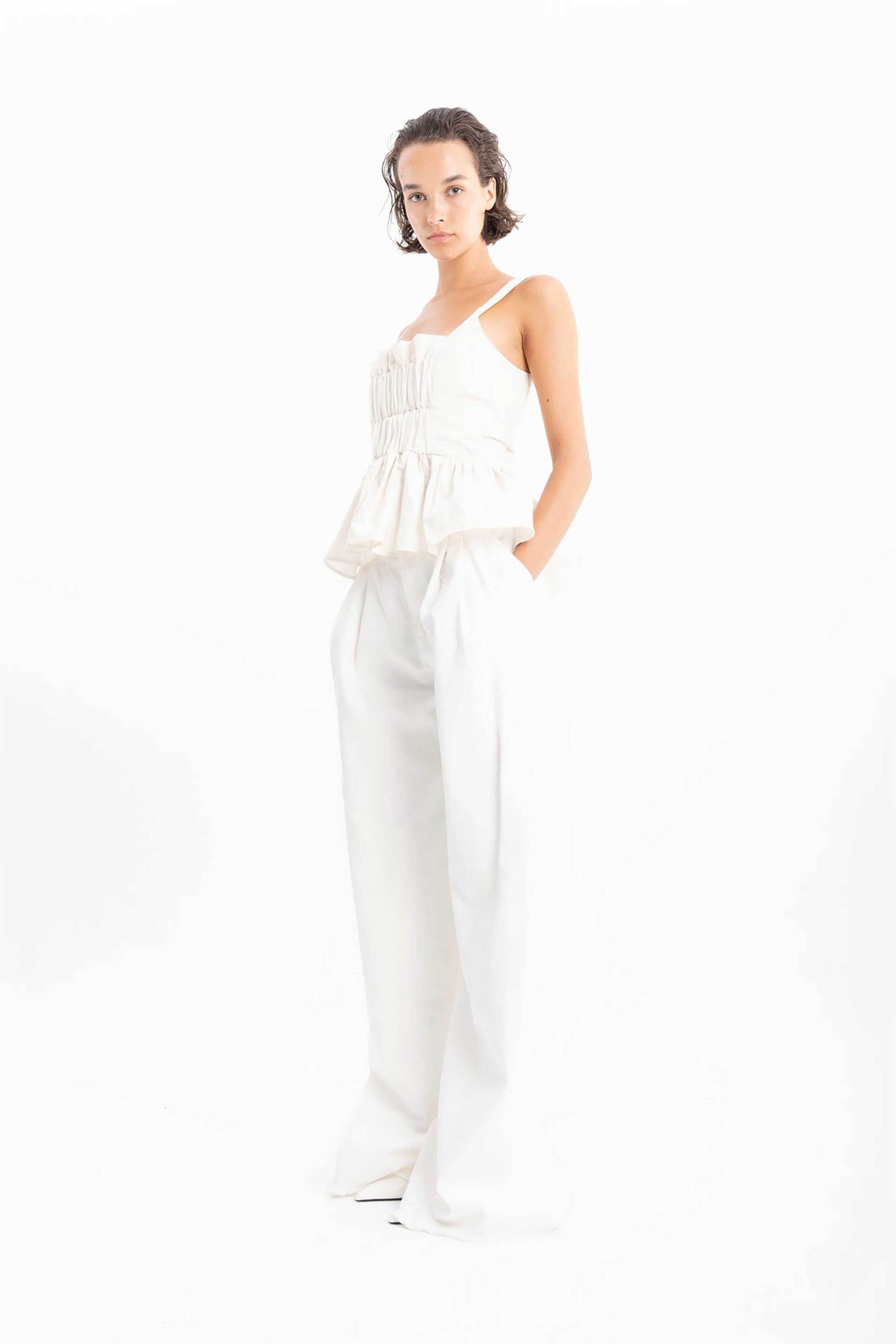 Marques' Almeida γυναικείο παντελόνι με πιέτες Boyfriend fit - SS25TR0279DRLWH Λευκό φωτογραφία