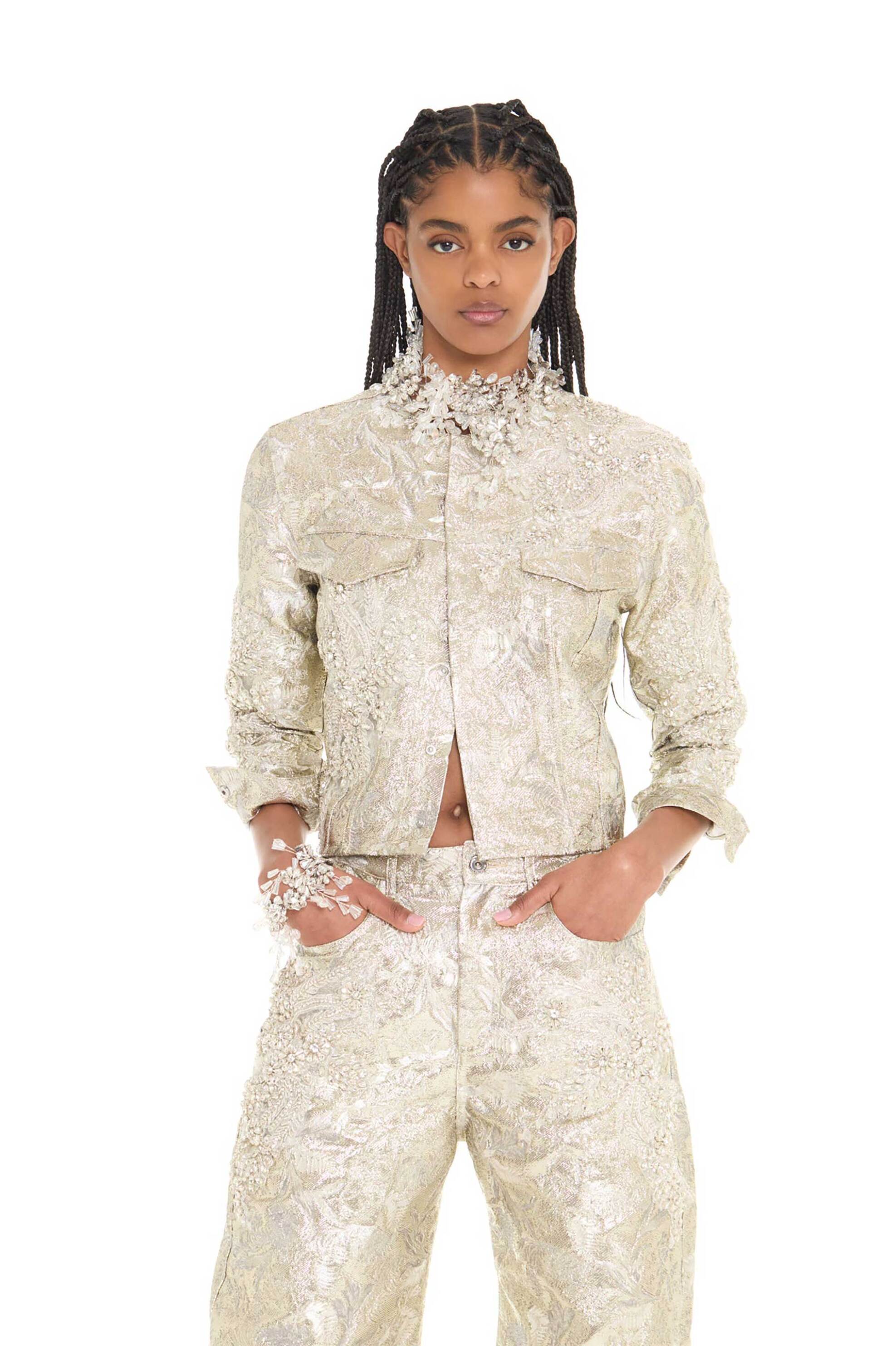 MARQUES' ALMEIDA Marques' Almeida γυναικείο μπροκάρ jacket με στρας - PF26JK0006MBRCWH Λευκό