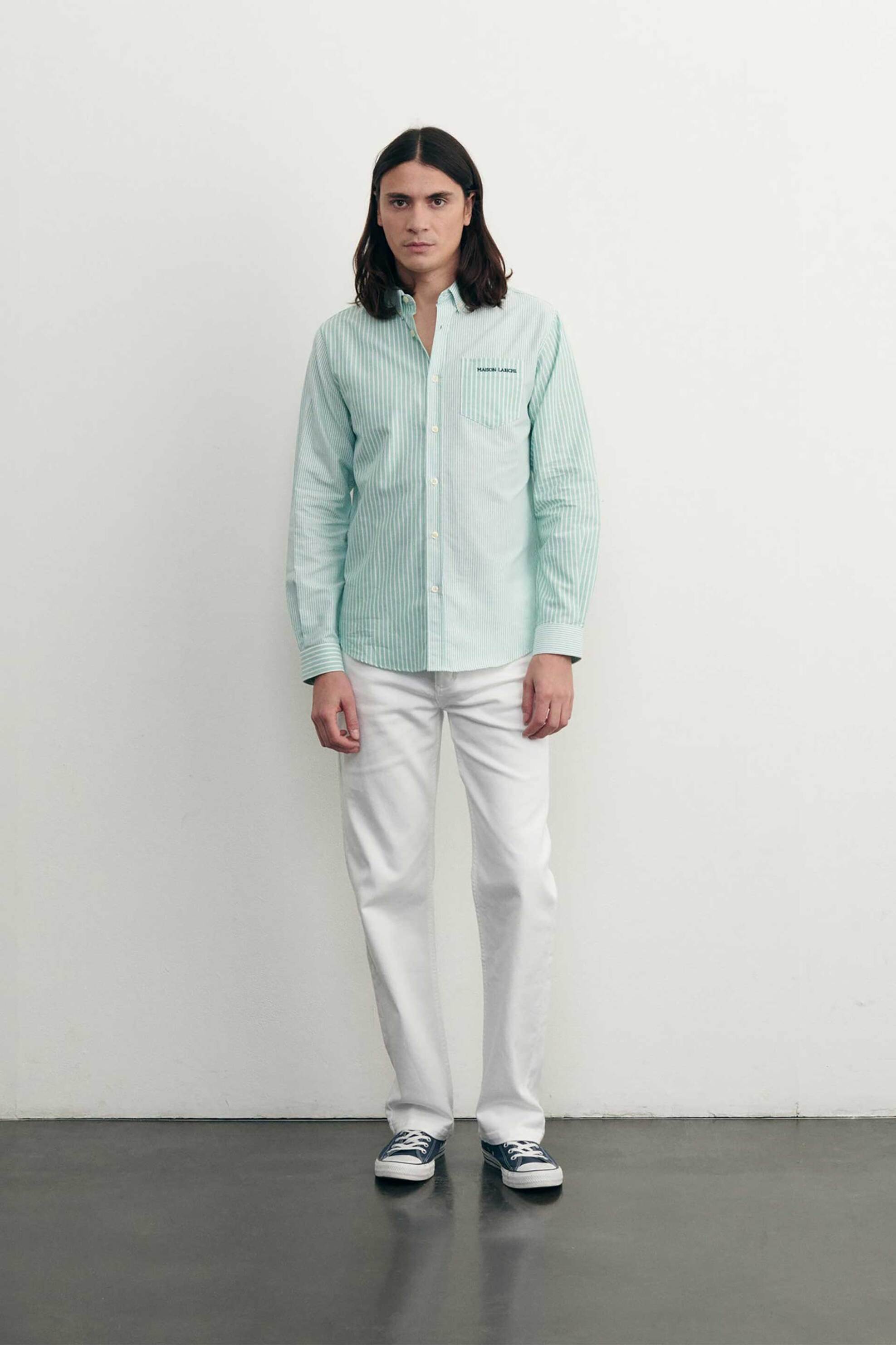 Maison Labiche ανδρικό πουκάμισο button down με ριγέ σχέδιο και τσέπη με λογότυπο "Bonne Graine" - SMBONNEGRMLB2 Τυρκουάζ