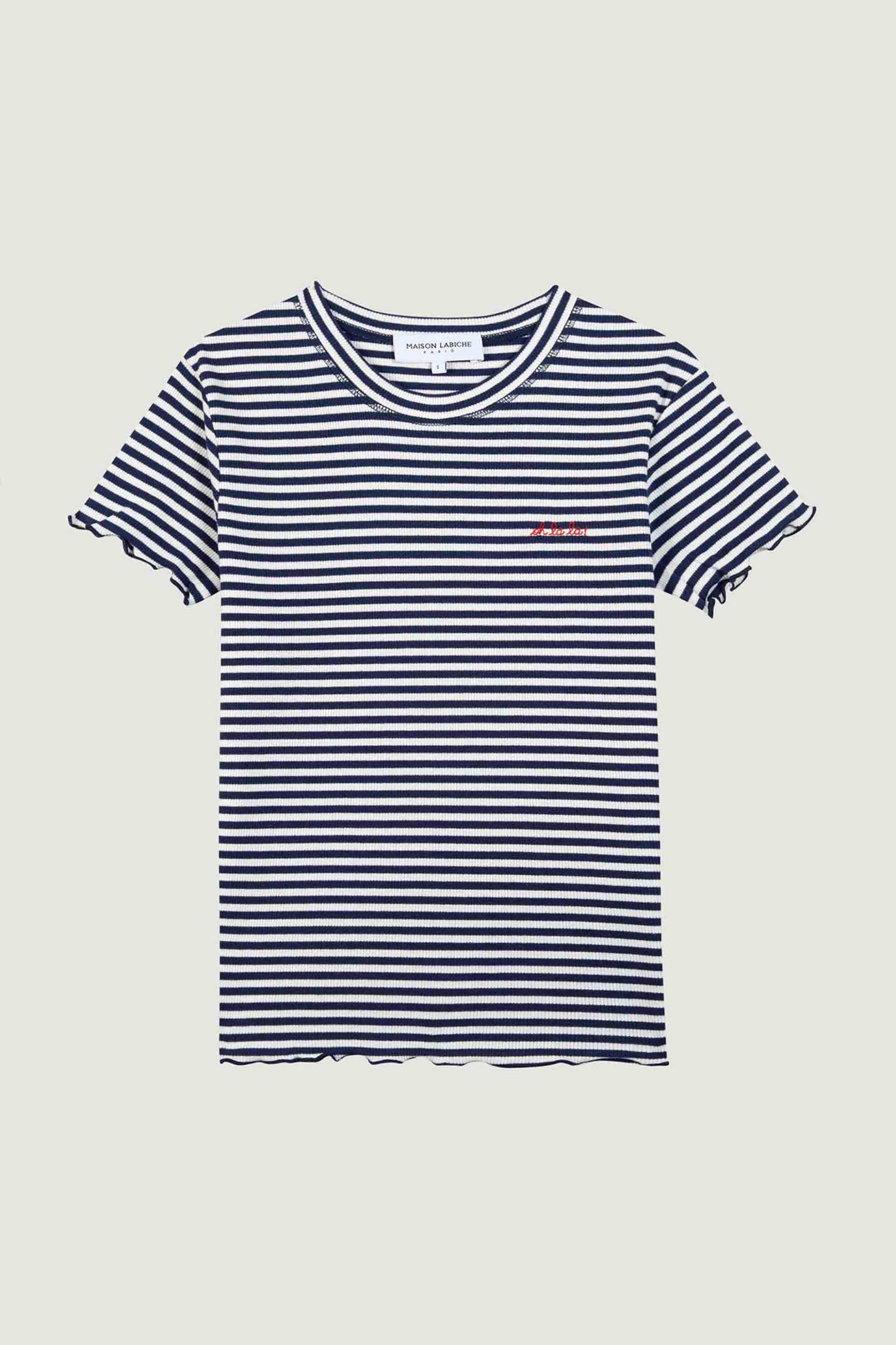 Maison Labiche γυναικείο κοντομάνικο πουλόβερ ribbed με ριγέ σχέδιο Slim Fit "Oh Là Là! Folies" - NWFOLIESOHLALA Μπλε Σκούρο φωτογραφία