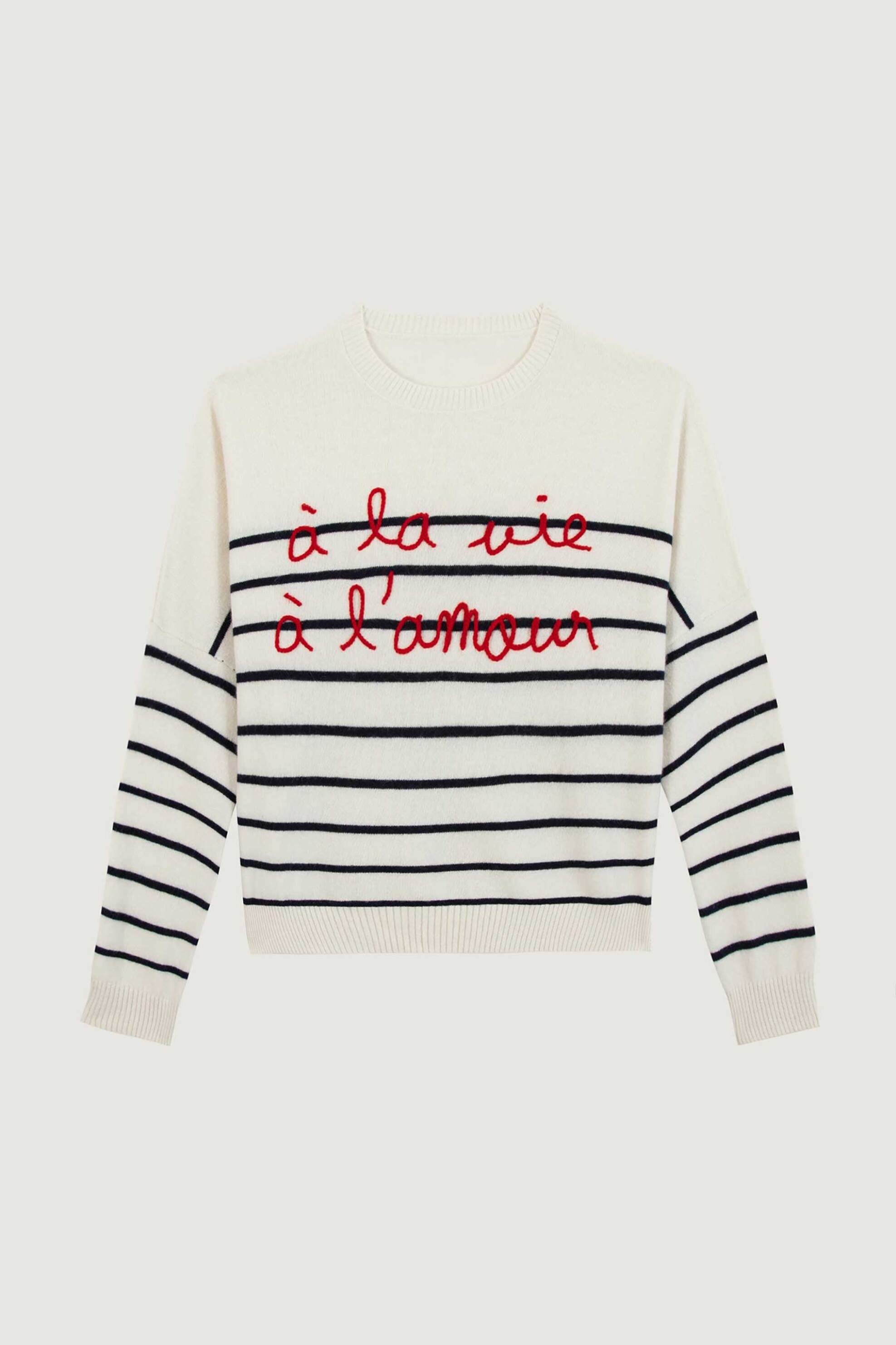 MAISON LABICHE Maison Labiche γυναικείο πουλόβερ με ριγέ σχέδιο και lettering "A La Vie A L Amour" - YWBUZELINALAVIE Ασπρόμαυρο - 3