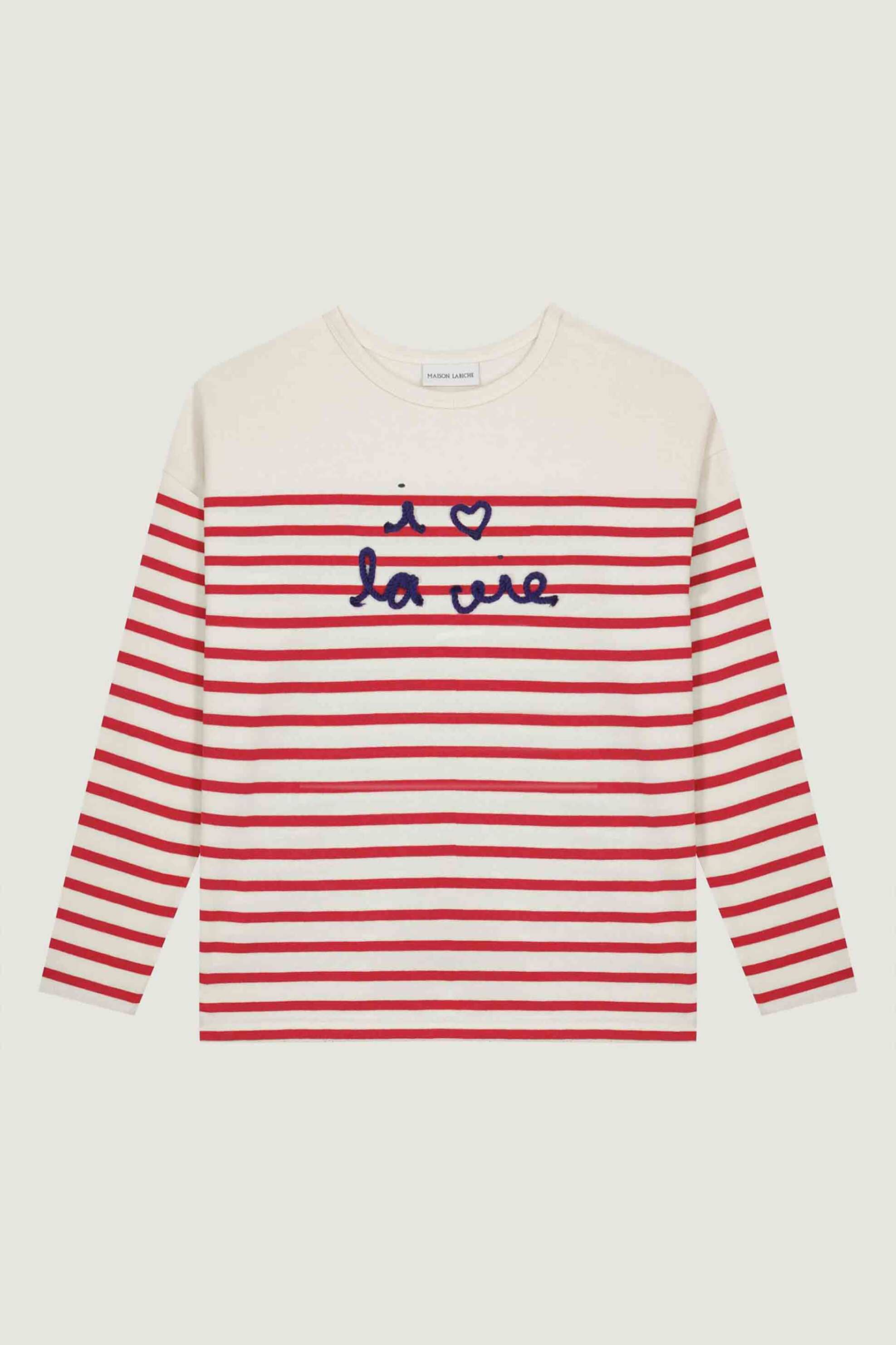 Maison Labiche γυναικεία βαμβακερή μπλούζα με ριγέ σχέδιο "I Love La Vie" - ZWMONTPARILOVE Κόκκινο