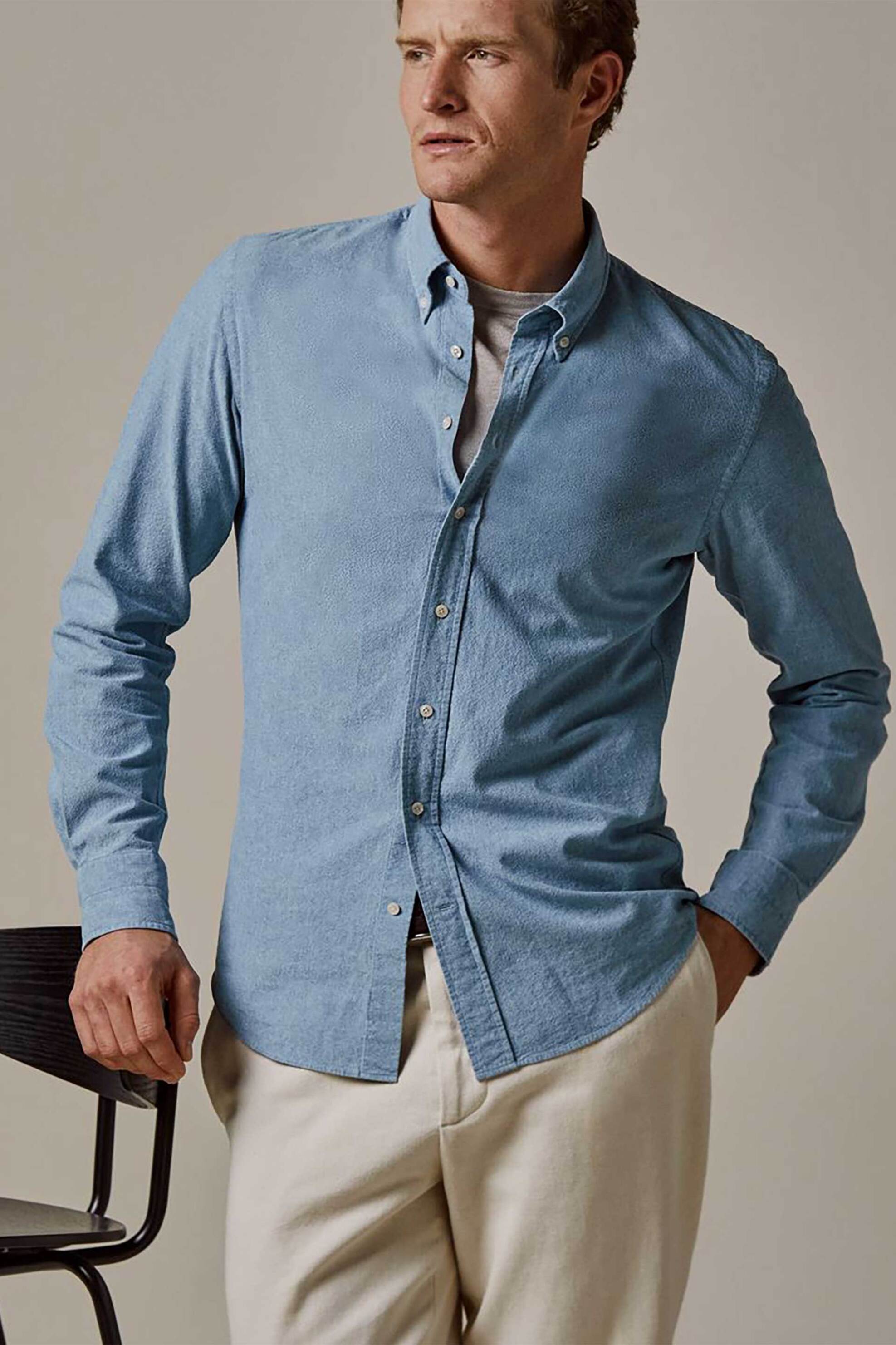 Profuomo ανδρικό denim πουκάμισο button down Slim Fit - PPVH10061A Denim Blue Ανοιχτό