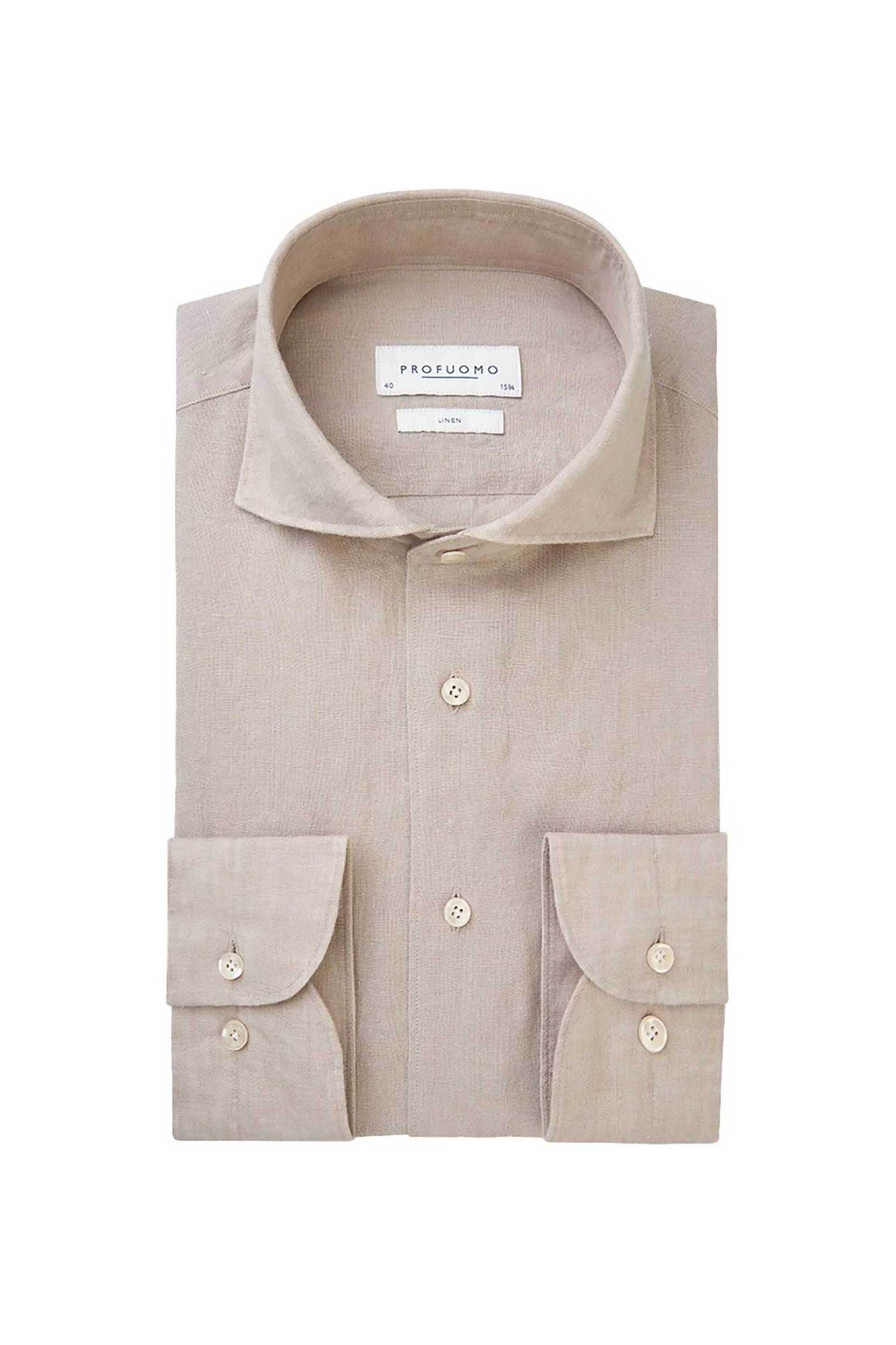 Profuomo ανδρικό λινό πουκάμισο μονόχρωμο Slim Fit - PPVH10020C Μπεζ
