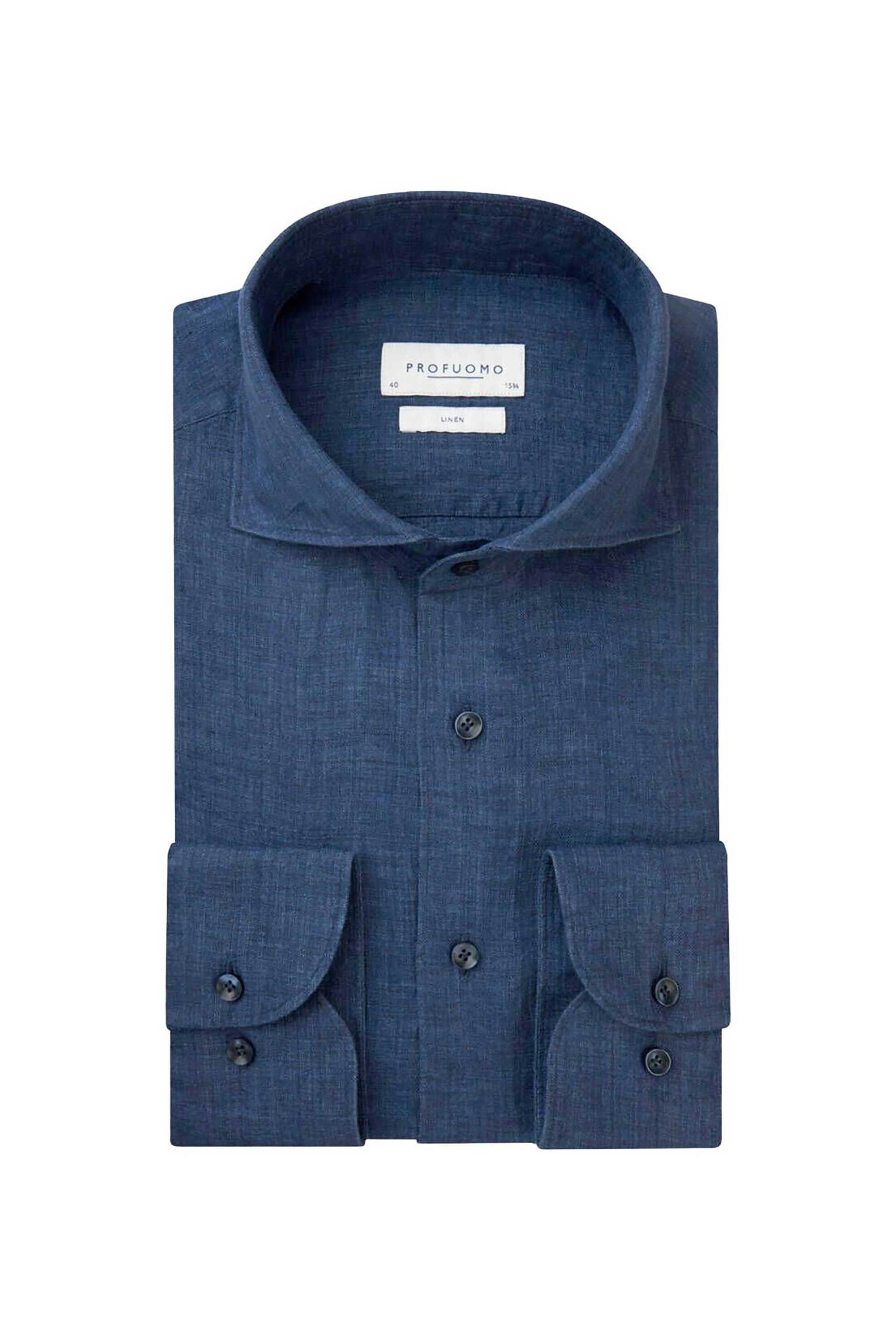 Profuomo ανδρικό λινό πουκάμισο μονόχρωμο Slim Fit - PPVH10020N Μπλε Σκούρο