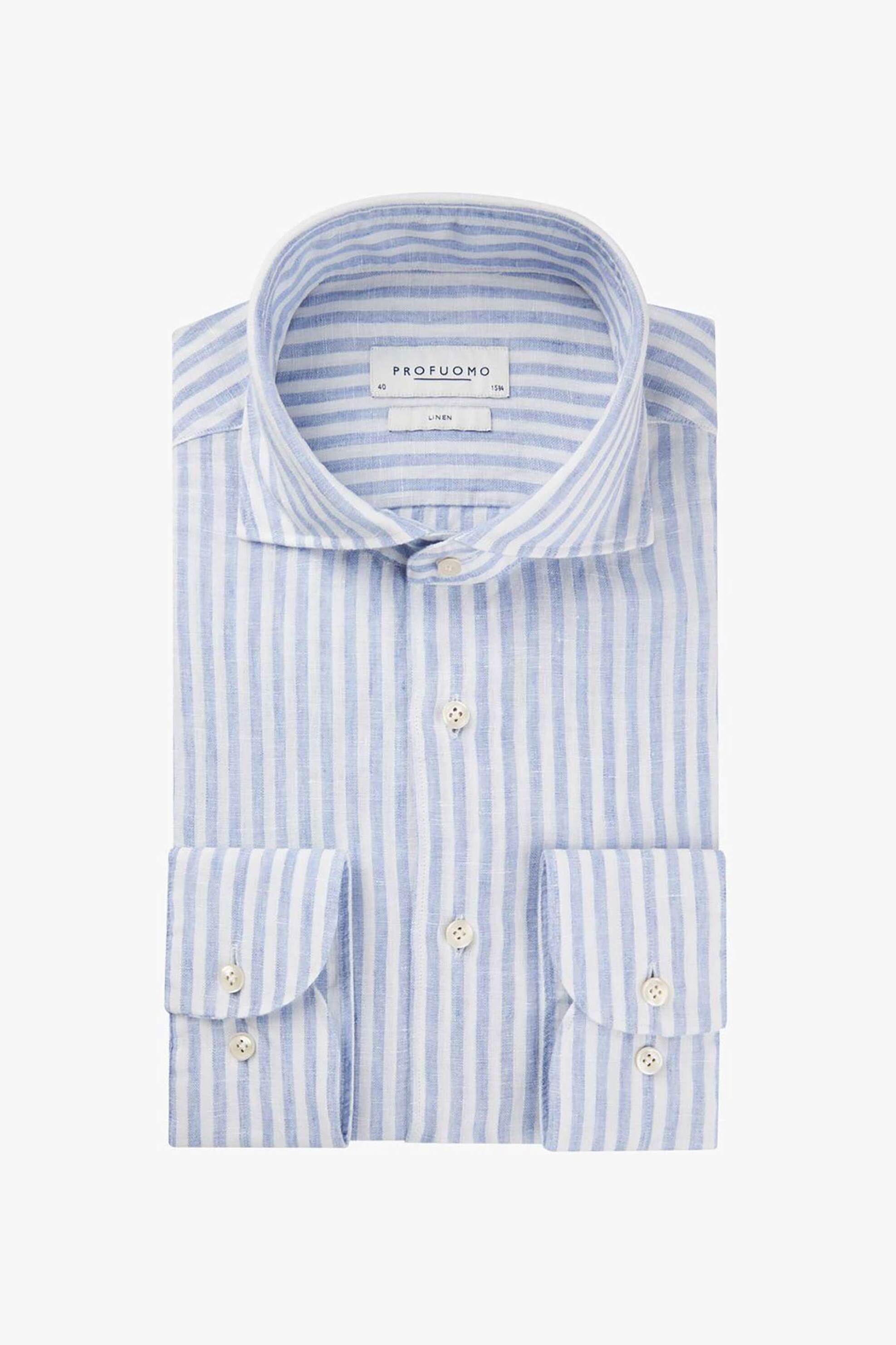 PROFUOMO Profuomo ανδρικό λινό πουκάμισο με ριγέ σχέδιο Slim Fit - PPVH10021A Μπλε Ανοιχτό