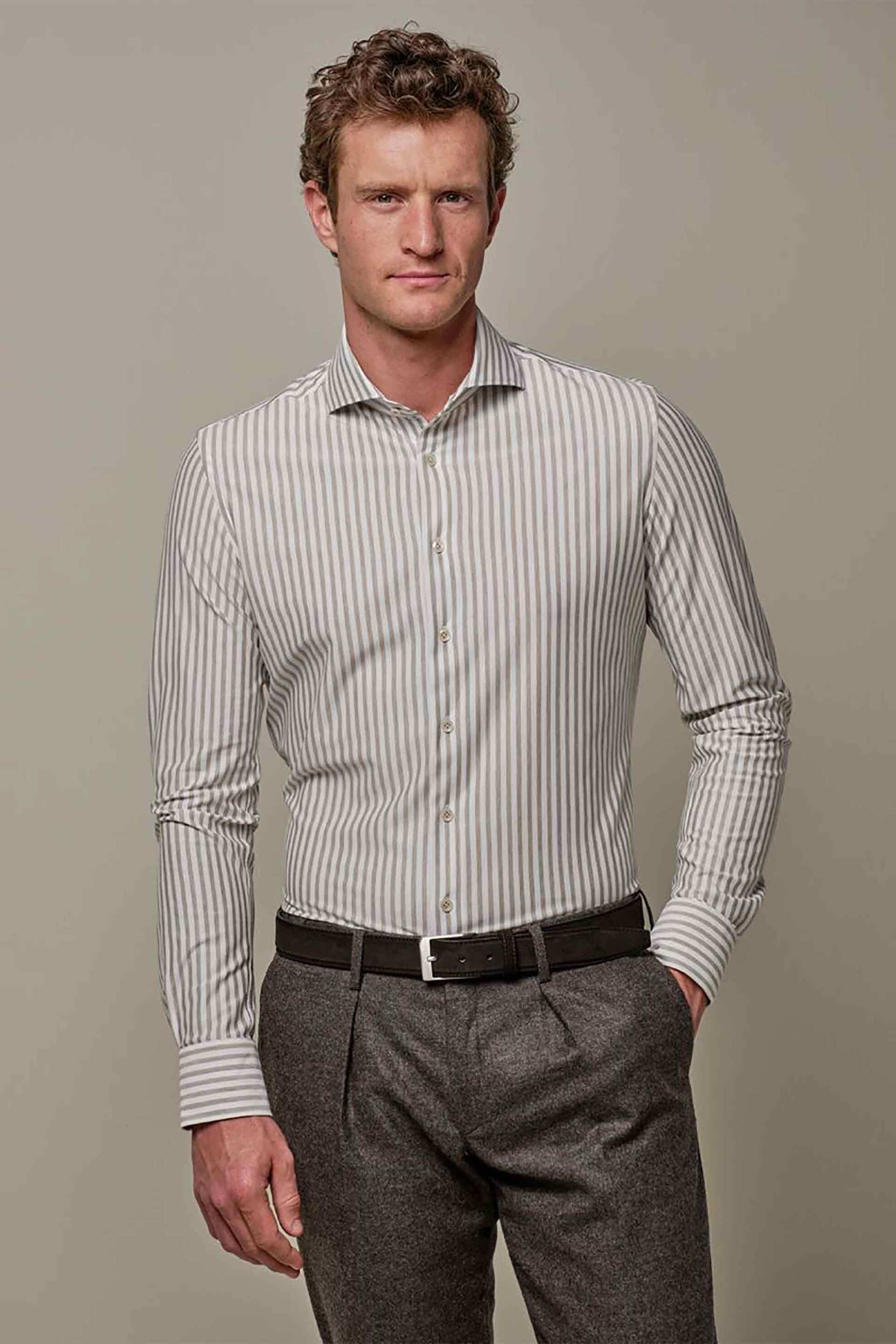 Profuomo ανδρικό πουκάμισο με ριγέ σχέδιο Japanese knitted Slim Fit - PPVH30045B Καφέ Ανοιχτό