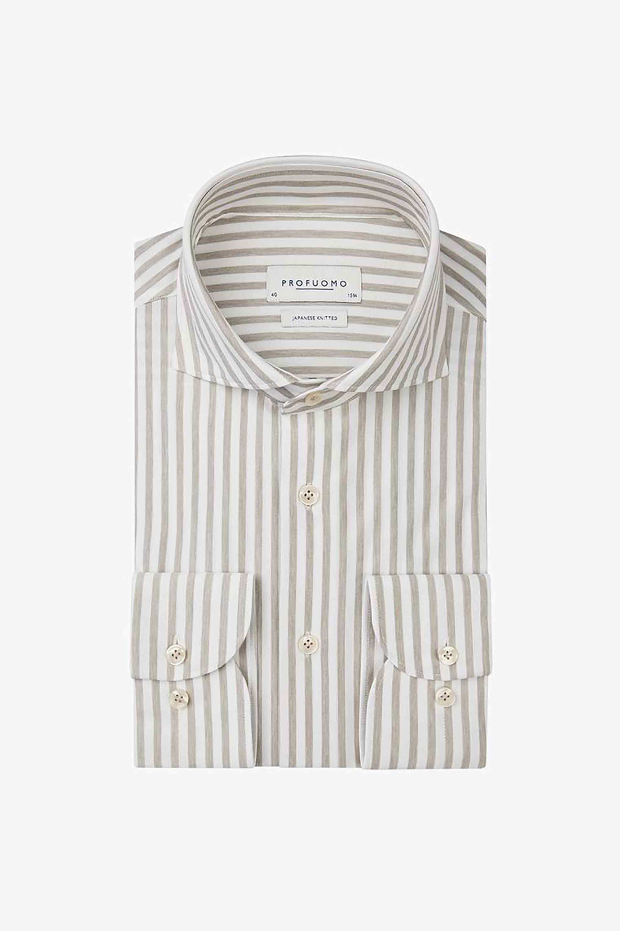 Profuomo Ανδρικό Πουκάμισο με Ριγέ Σχέδιο Japanese Knitted Slim Fit - Ppvh30045B Καφέ Ανοιχτό
