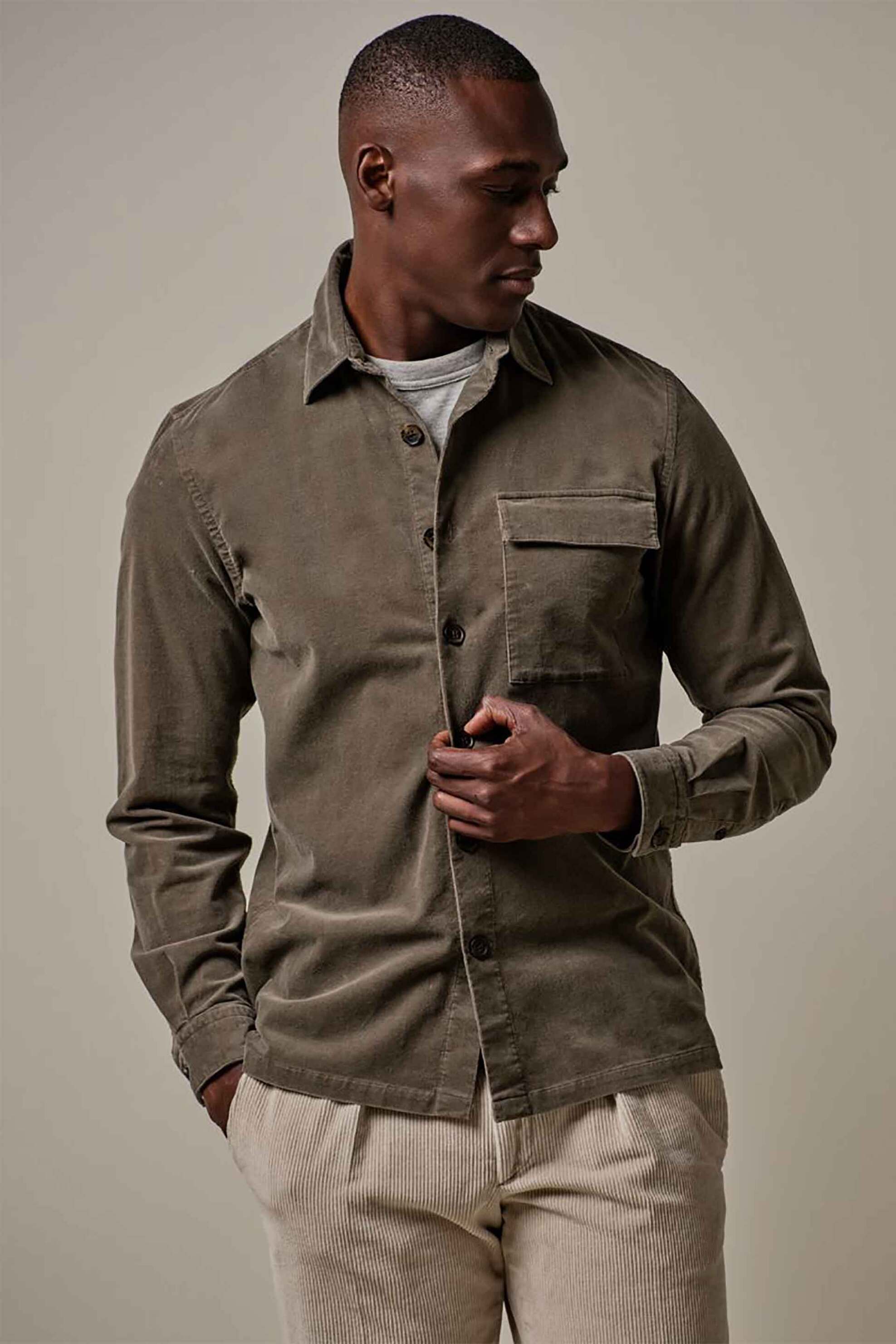 PROFUOMO Profuomo ανδρικό κοτλέ overshirt με τσέπη Normal Fit - PPVF30001A Χακί
