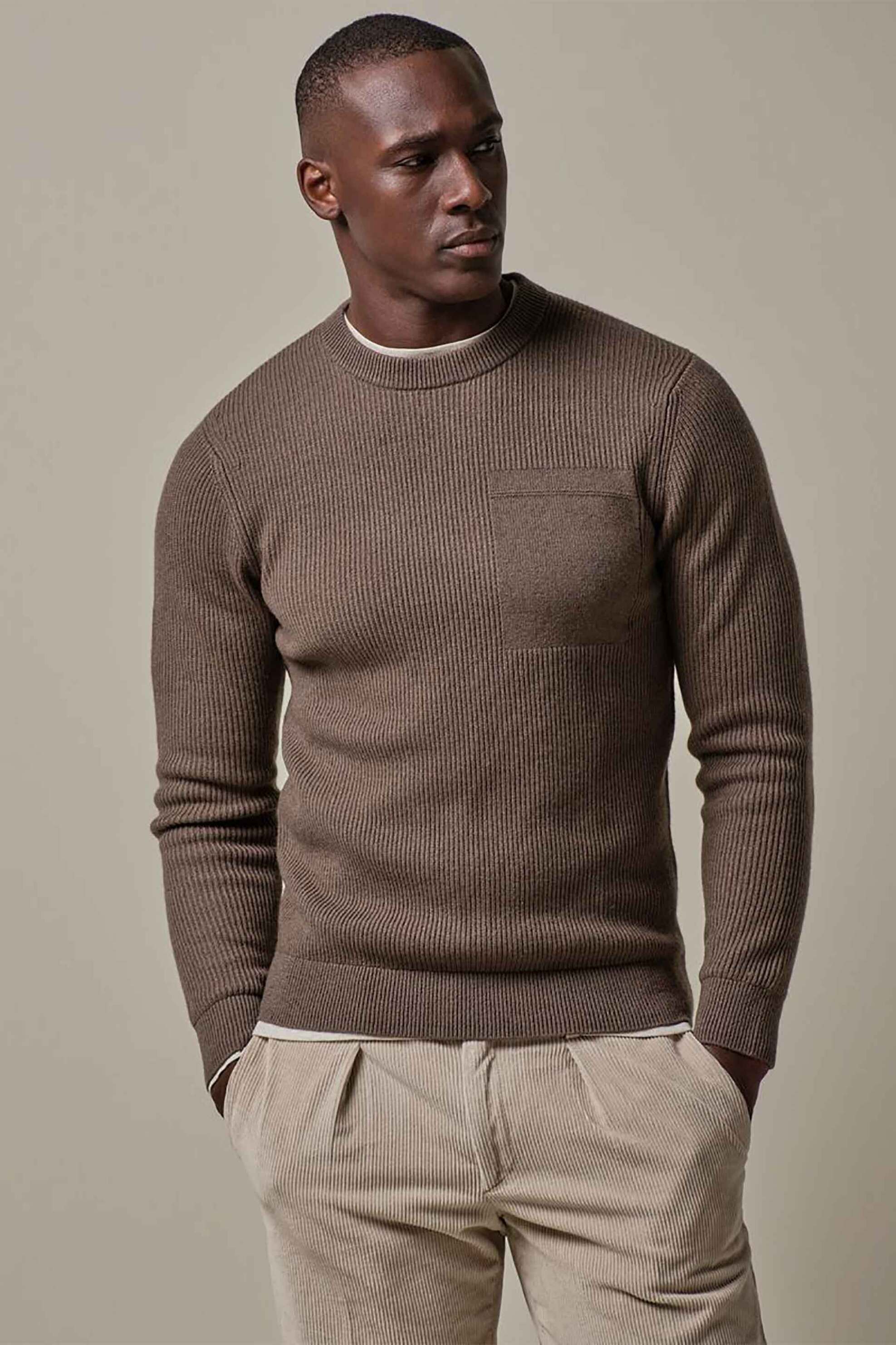 Profuomo ανδρικό πουλόβερ ribbed με τσέπη Normal Fit - PPVJ30027B Χακί