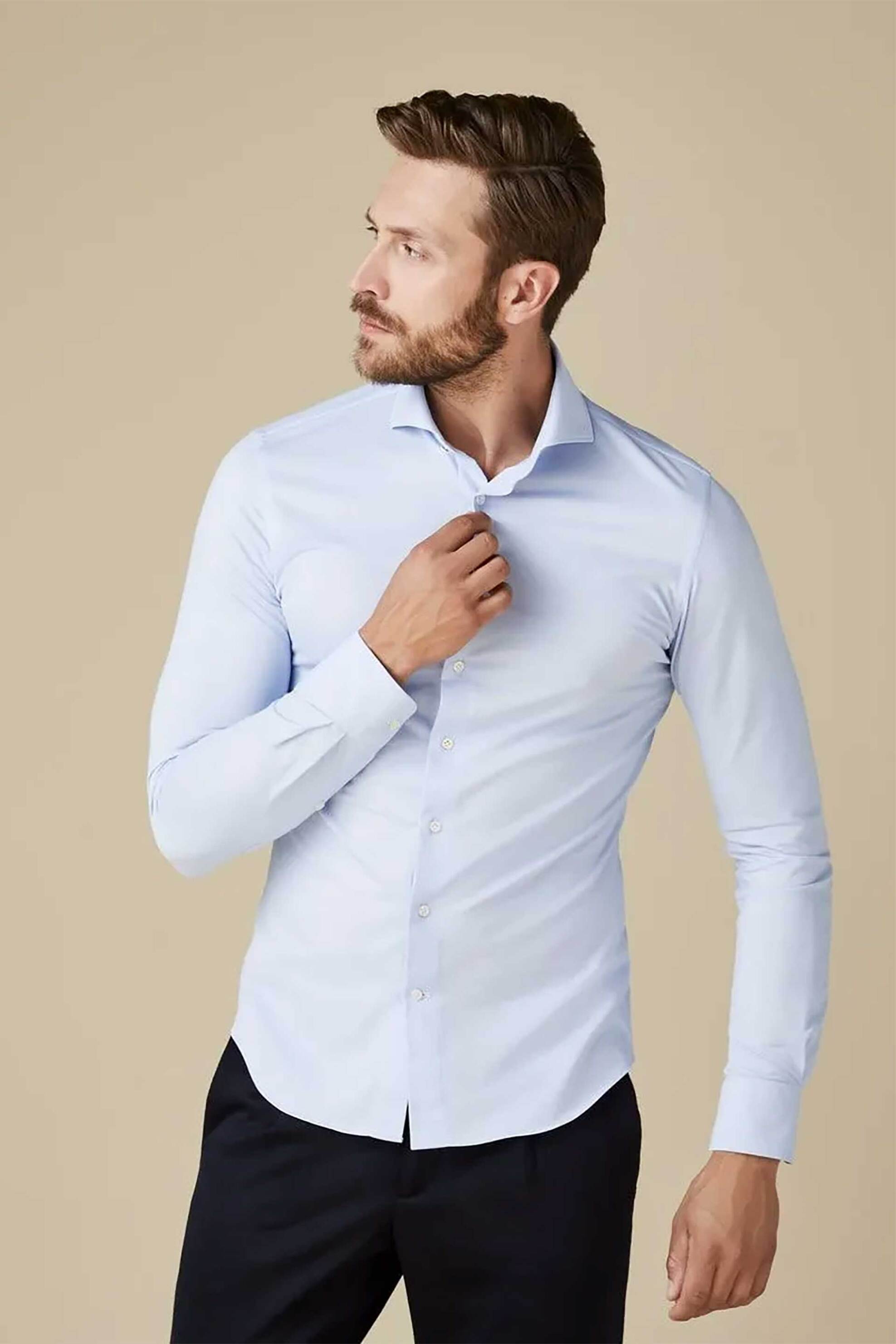 PROFUOMO Profuomo ανδρικό πουκάμισο μονόχρωμο "Japanese Knitted" Slim Fit - PP2HC10009 Μπλε Ανοιχτό